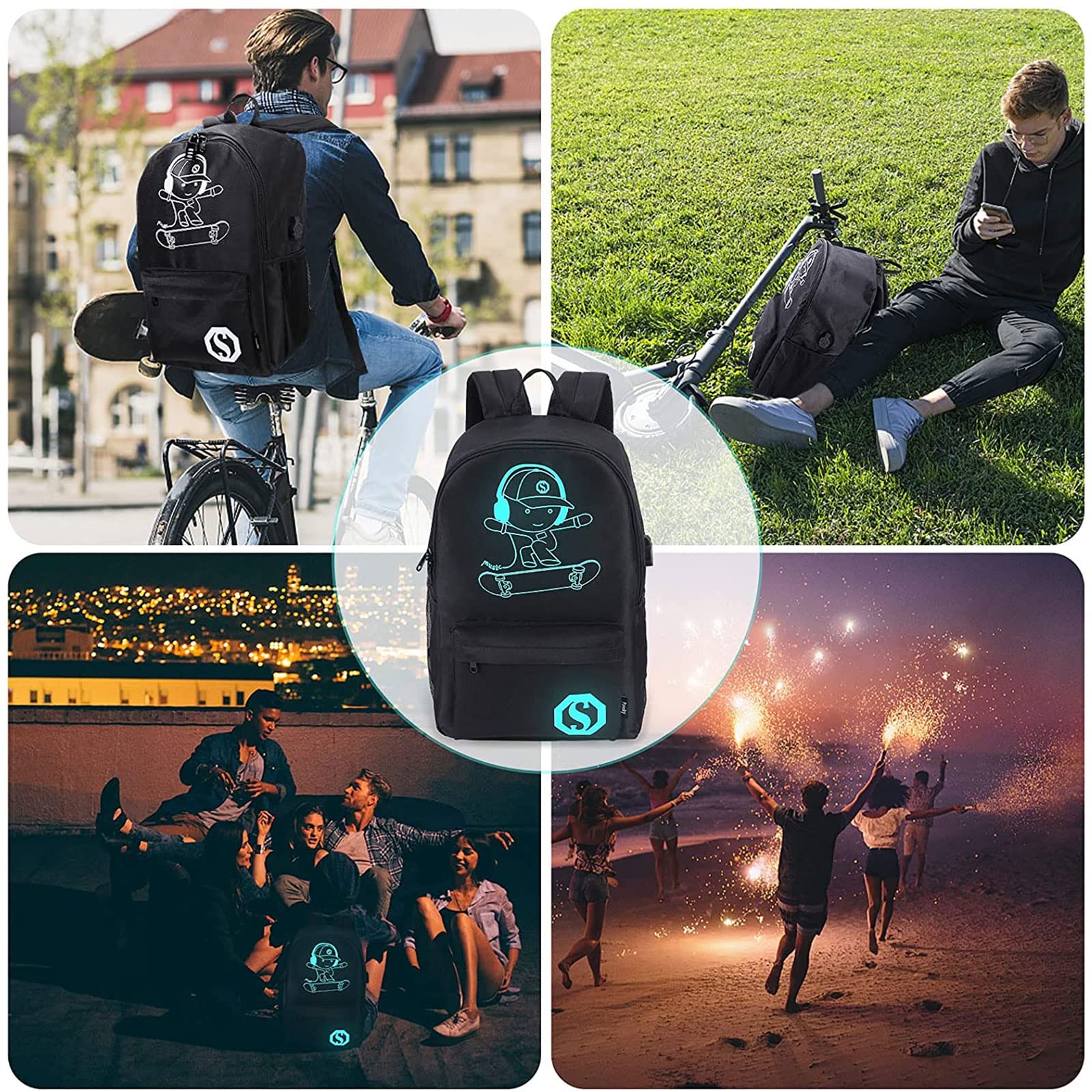 Kids Skateboard Anime Luminous Backpack with USB Charging Port & Anti-Theft Lock - Waterproof School Backpack for Teen Boys & Girls, Includes Lunch Bag & Pencil Case - Perfect for School, College, Travel & Outdoor Activities