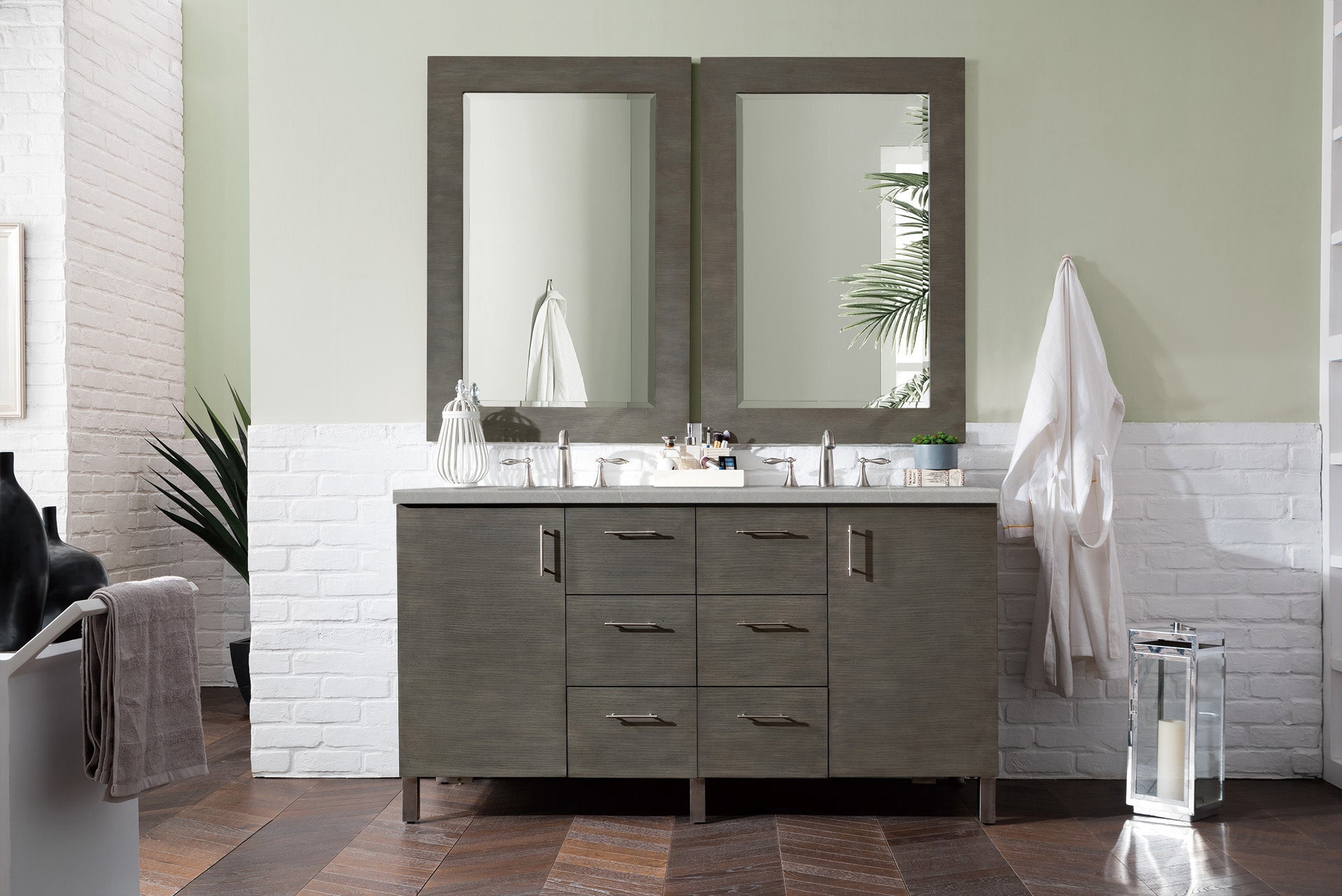 Metropolitan 60 Inch Double Bathroom Vanity in Silver Oak with 3CM Eternal Serena Quartz Countertop - Perfect for Master Bathroom Renovation & Modern Home Decor