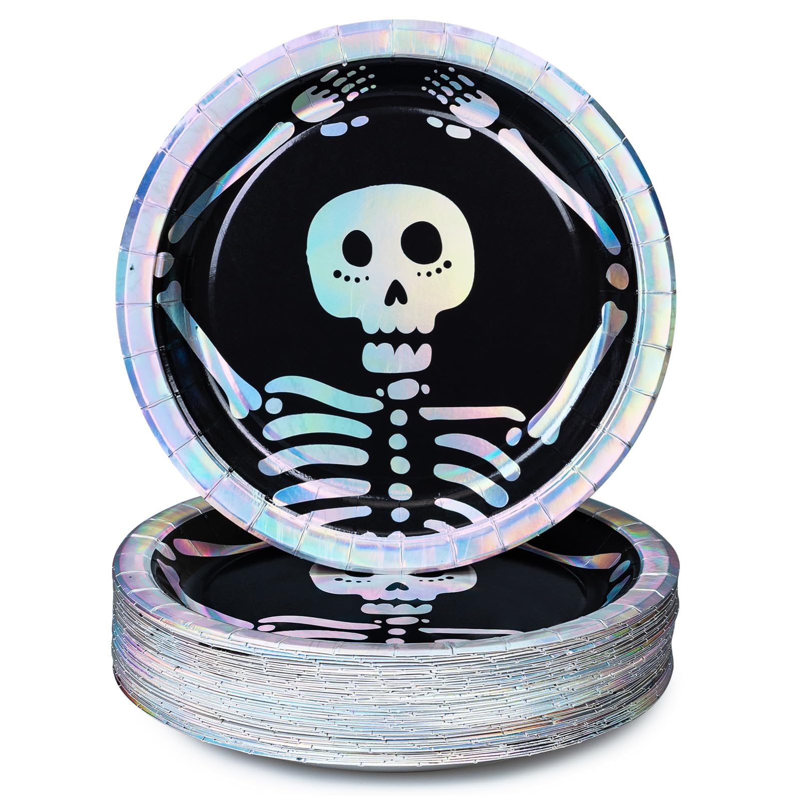 Halloween Paper Plates 50 Count - Disposable Halloween Dinner Plates with Skeleton & Iridescent Silver Foil Design - Perfect for Halloween Party Decorations, Trick or Treat Gatherings, and Spooky Themed Events