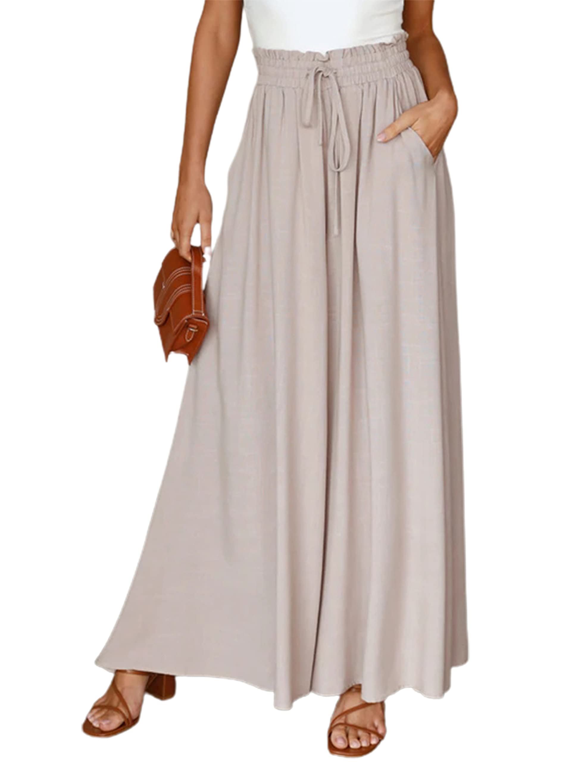 Qiaomai Women's Loose Wide Leg Palazzo Pants with Paper Bag Waist, Drawstring & Pockets - Comfortable Flowy Trousers for Work, Travel & Casual Outfits