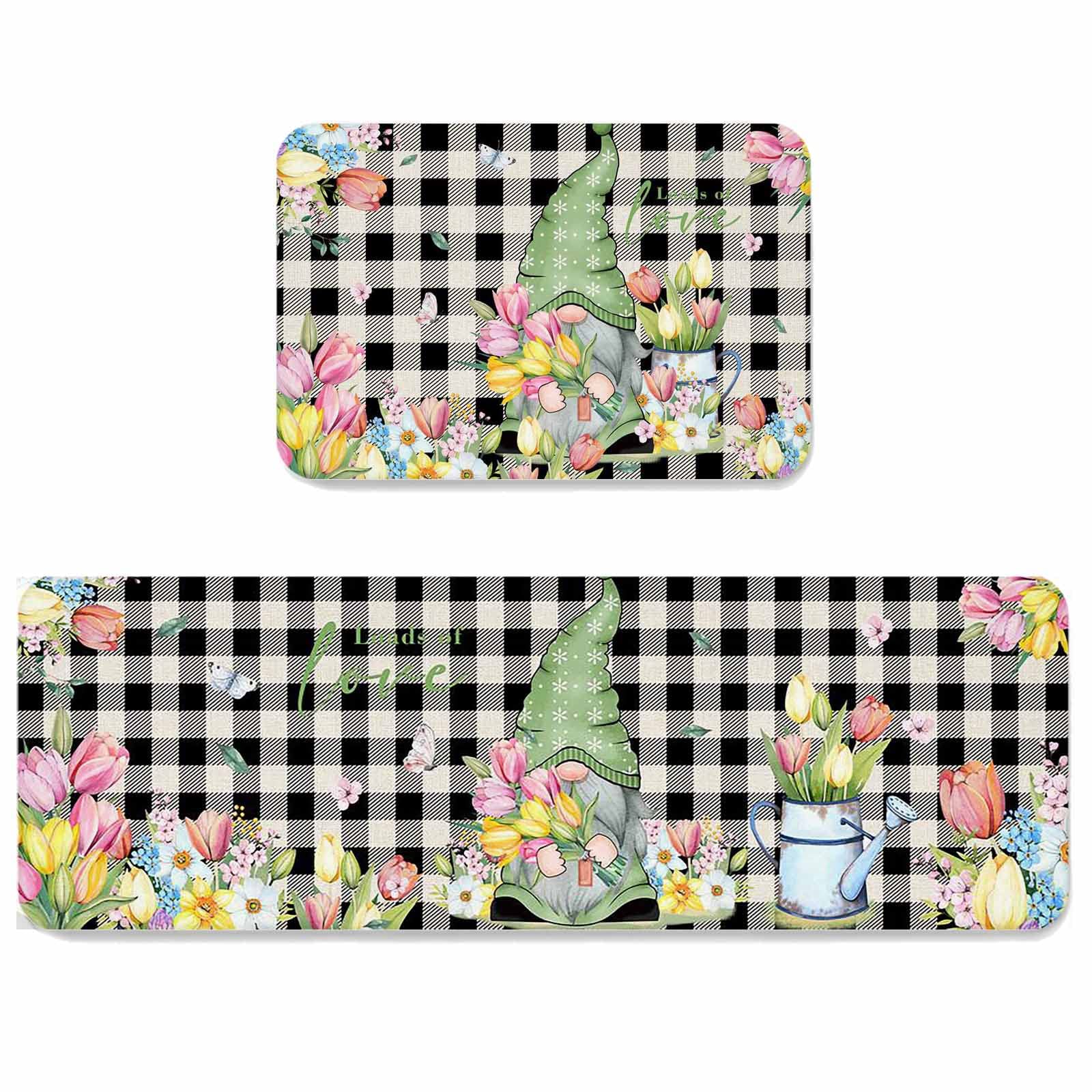 Non-Slip Kitchen & Bathroom Rug Set of 2 - Spring Tulip Gnome & Honey Daisy Checkered Absorbent Floor Mats for Home, Indoor Use in Kitchen, Bath, Entryway