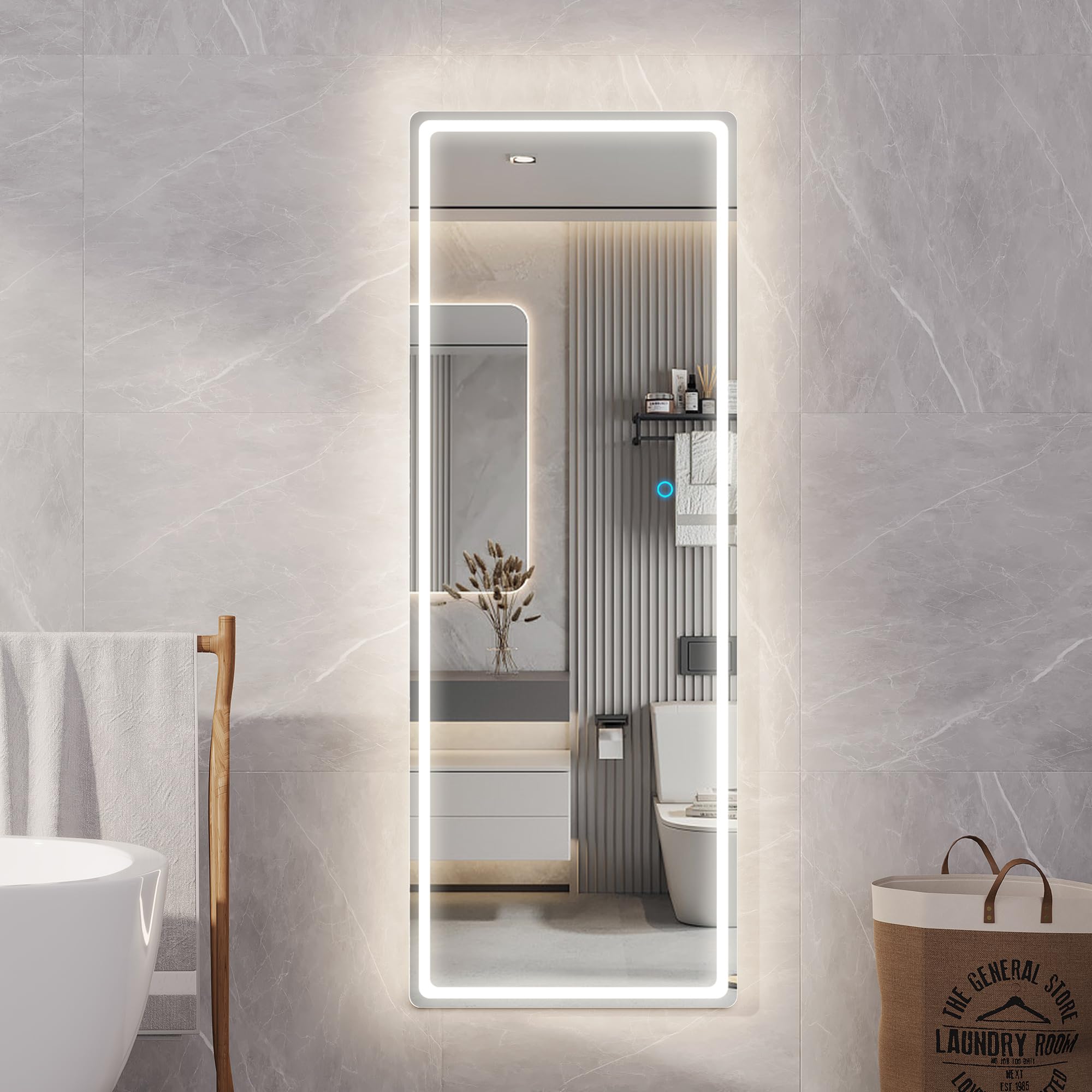 LVSOMT 47x14 Inch Full Length LED Lighted Mirror - Over The Door Hanging & Wall Mounted Full Body Mirror with Lights for Bedroom, Living Room, Dressing Room (White) - Perfect for Makeup, Outfit Checks & Home Decor