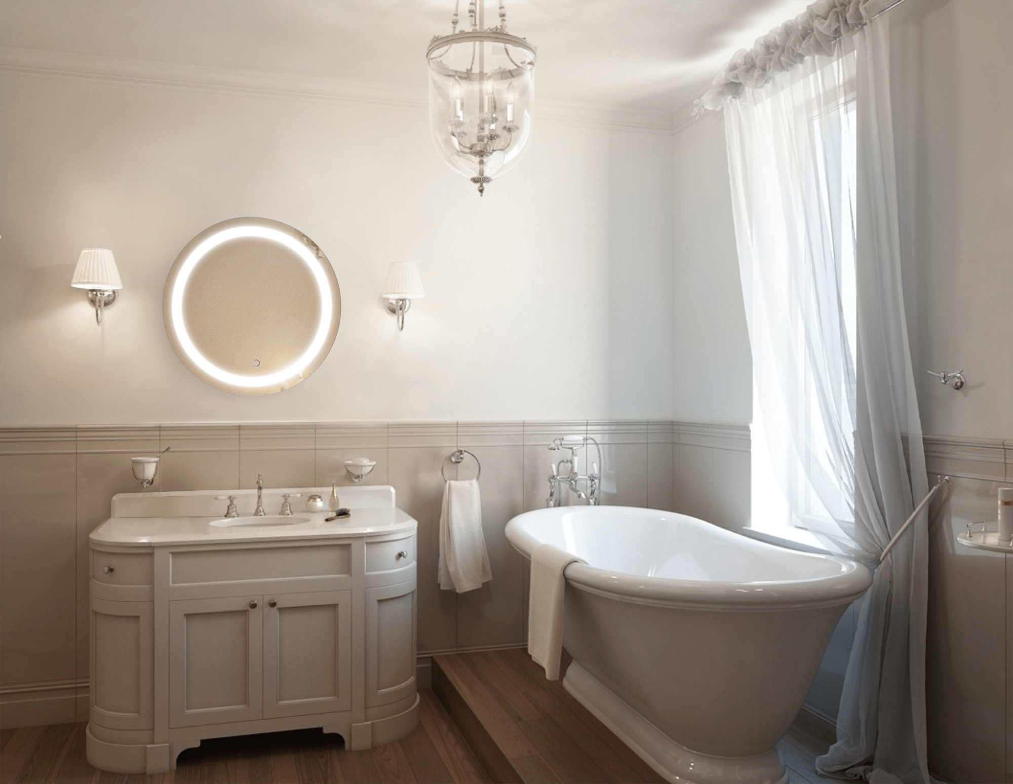 Krugg Icon Round 24x24 Inch LED Bathroom Mirror with Adjustable Dimmer & Anti-Fog Defogger - Perfect for Modern Vanity, Spa-Like Bathroom & Makeup Lighting