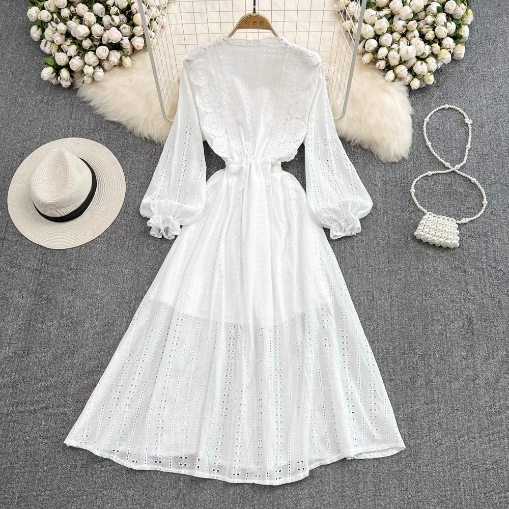 Elegant Fairy White V-Neck Hollow Lace Dress for Women - Perfect for Weddings, Parties & Special Occasions