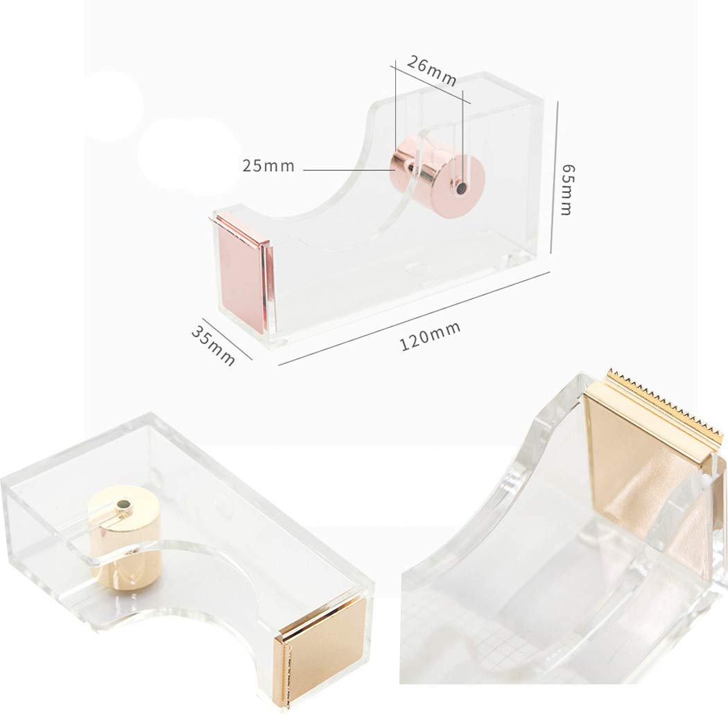 Clear Acrylic Tape Dispenser - Single Hand Tape Dispenser with Rose Gold Finish for Office & Home Use | Modern Desktop Tape Holder for Crafts, Packaging & Organization