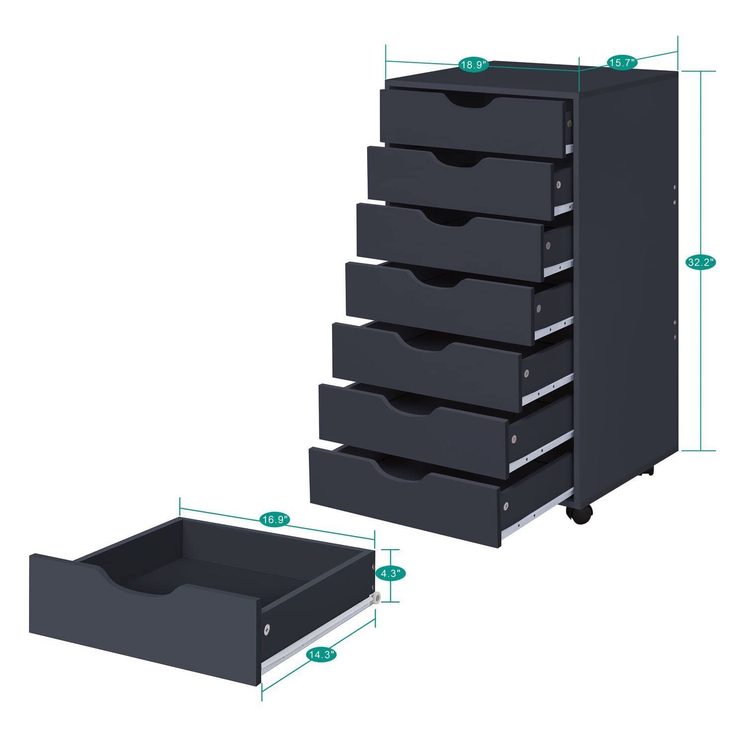 Naomi Home 7-Drawer Rolling File Cabinet - Black Office Storage Organizer with Wheels, 180 lbs Capacity | Under Desk File Storage, Home Office Organization, Printer Stand | Perfect for Small Spaces & Document Management