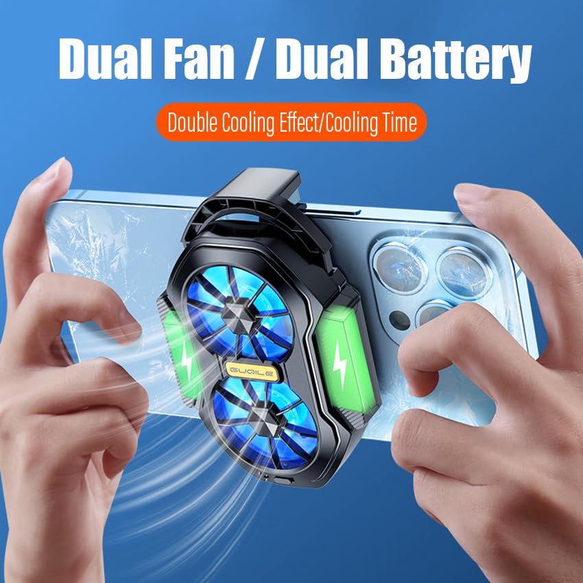 Dual Cooling Fan Phone Cooler with Rechargeable Battery - Universal Smartphone Radiator Heatsink for iPhone & Android - L2R2 Mobile Game Controller Triggers for PUBG, Call of Duty, Knives Out - Perfect for Gaming & Overheating Protection