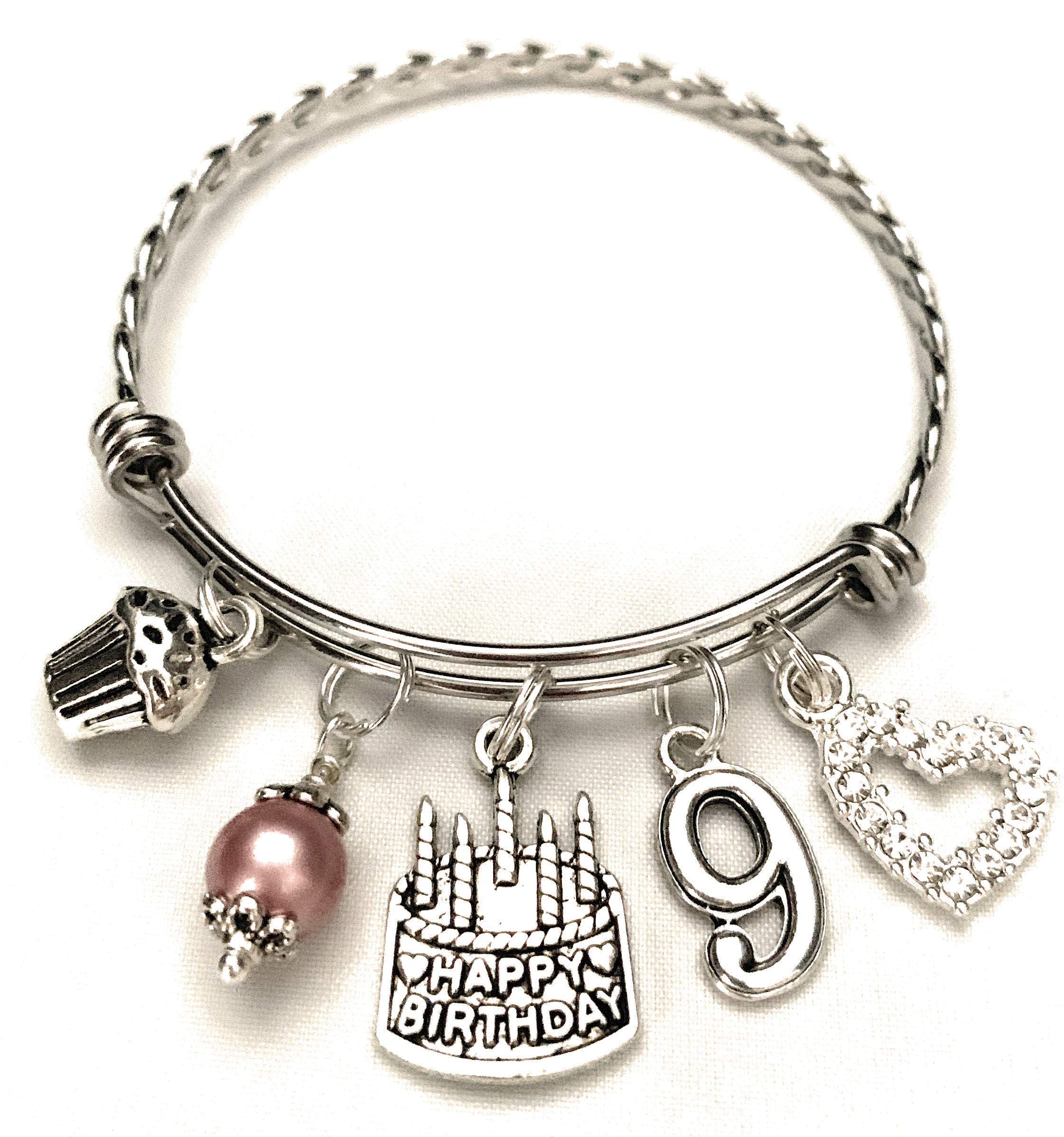 9th Birthday Charm Bracelet for Girls - Personalized 9 Year Old Daughter Birthday Gift Idea - Elegant Ninth Birthday Bangle for Kids - Perfect for Birthday Parties, Celebrations & Special Occasions