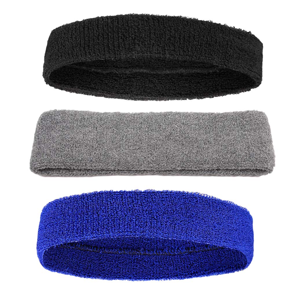 LIOOBO 3 Pack Sports Headbands for Women - Moisture Wicking Terry Cloth Sweatbands, Non-Slip Athletic Hair Bands (Black, Sapphire, Gray) - Perfect for Running, Yoga, Workout & Gym