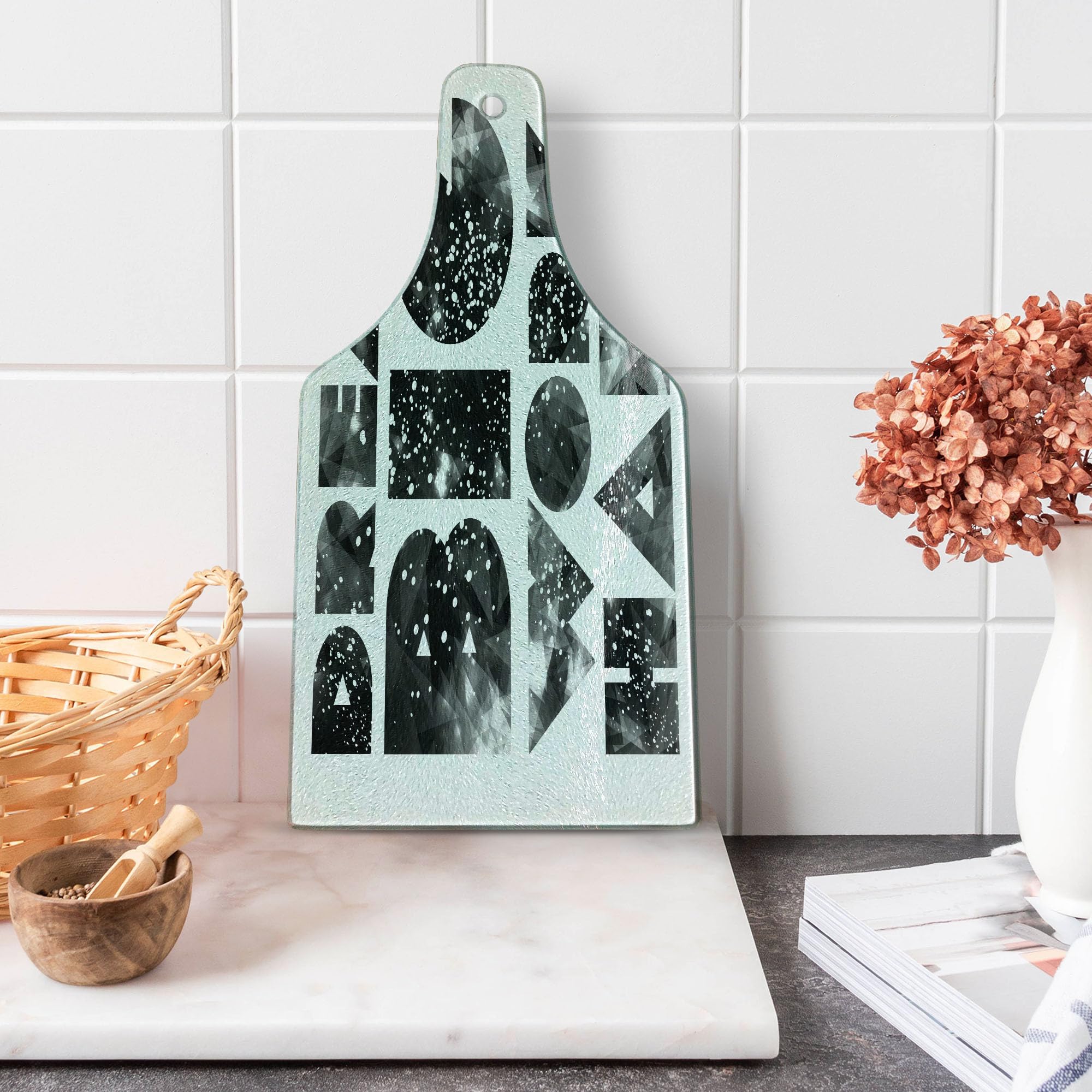 Ambesonne Galaxy Outer Space Themed Tempered Glass Cutting Board - Dream Big Work Hard Typography Design, Wine Bottle Shaped Serving Board for Kitchen & Entertaining (Black, Grey, White) | Perfect for Cheese Platters, Charcuterie Displays & Wine Pairing Parties