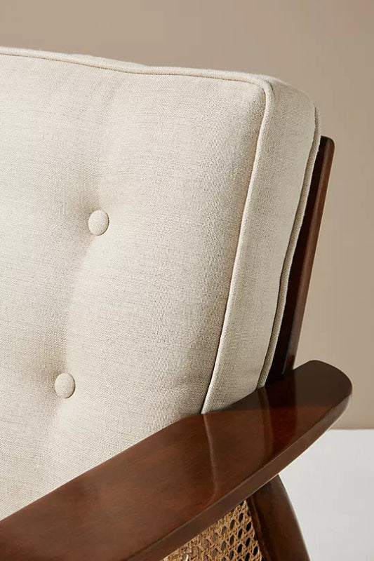 Nadia Caned Accent Chair with Brass Caped Design - Mid-Century Modern Rattan Lounge Chair for Living Room, Bedroom & Office Decor