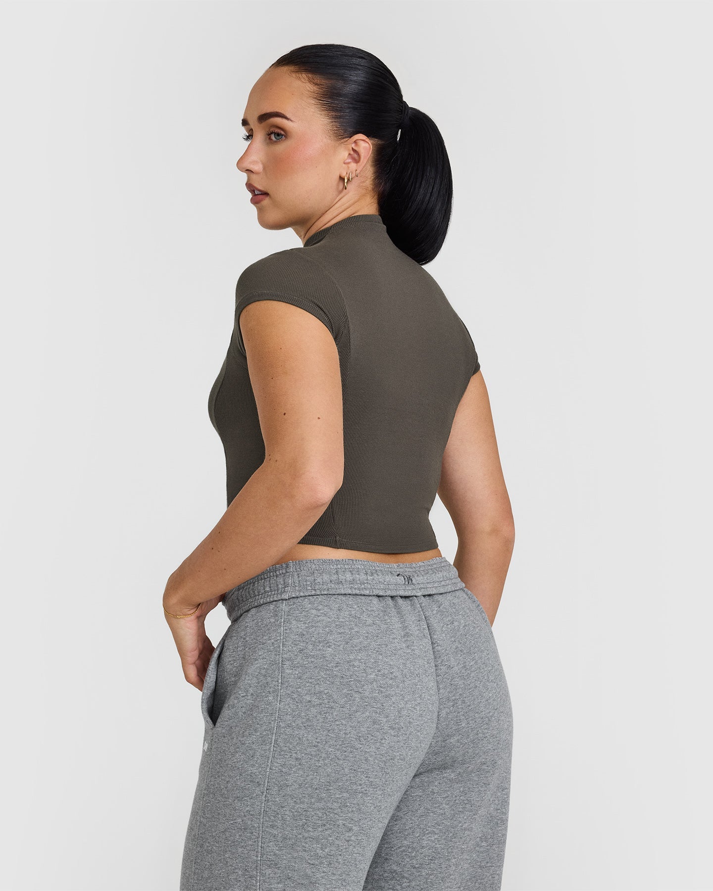 Mellow™ Rib Mid Mock Neck T-Shirt for Women - Soft Stretch Comfort Fit Casual Tee in Deep Taupe | Perfect for Everyday Wear, Layering & Office Outfits