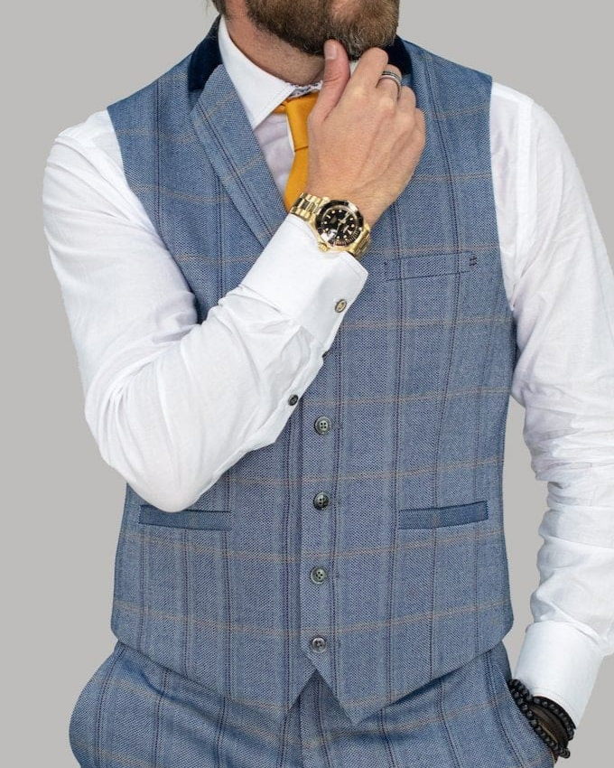 Cavani Connall Blue Tweed Check Style Waistcoat for Men | Classic Formal Vest | Perfect for Weddings, Business Meetings & Special Occasions