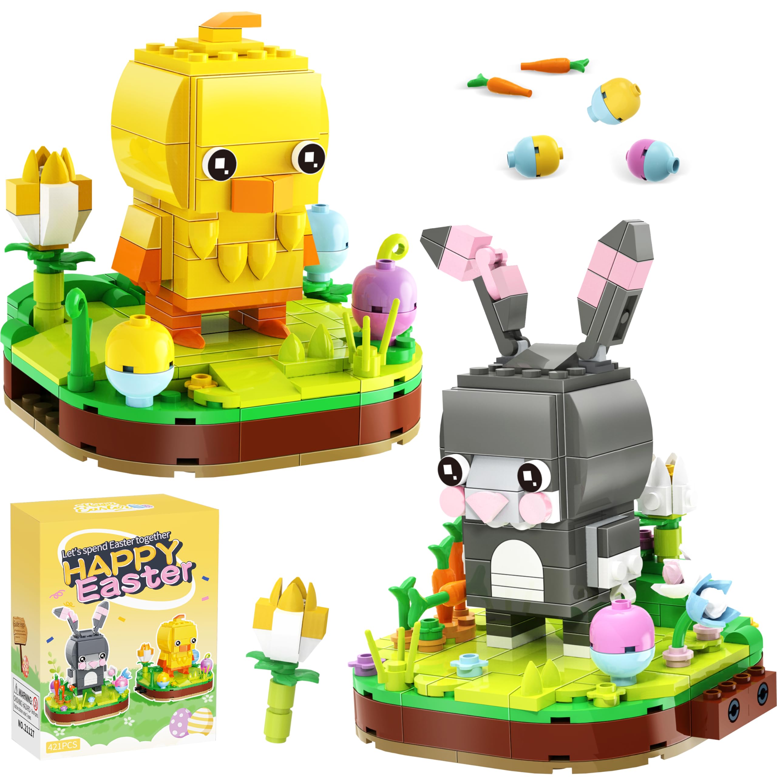 Easter Bunny and Chick Building Blocks Set - 421PCS Creative STEM Toys for Kids Ages 6+ | Easter Basket Stuffers, Egg Fillers & Educational Gifts for Boys & Girls | Perfect for Easter Decorations, Party Favors & Family Building Activities