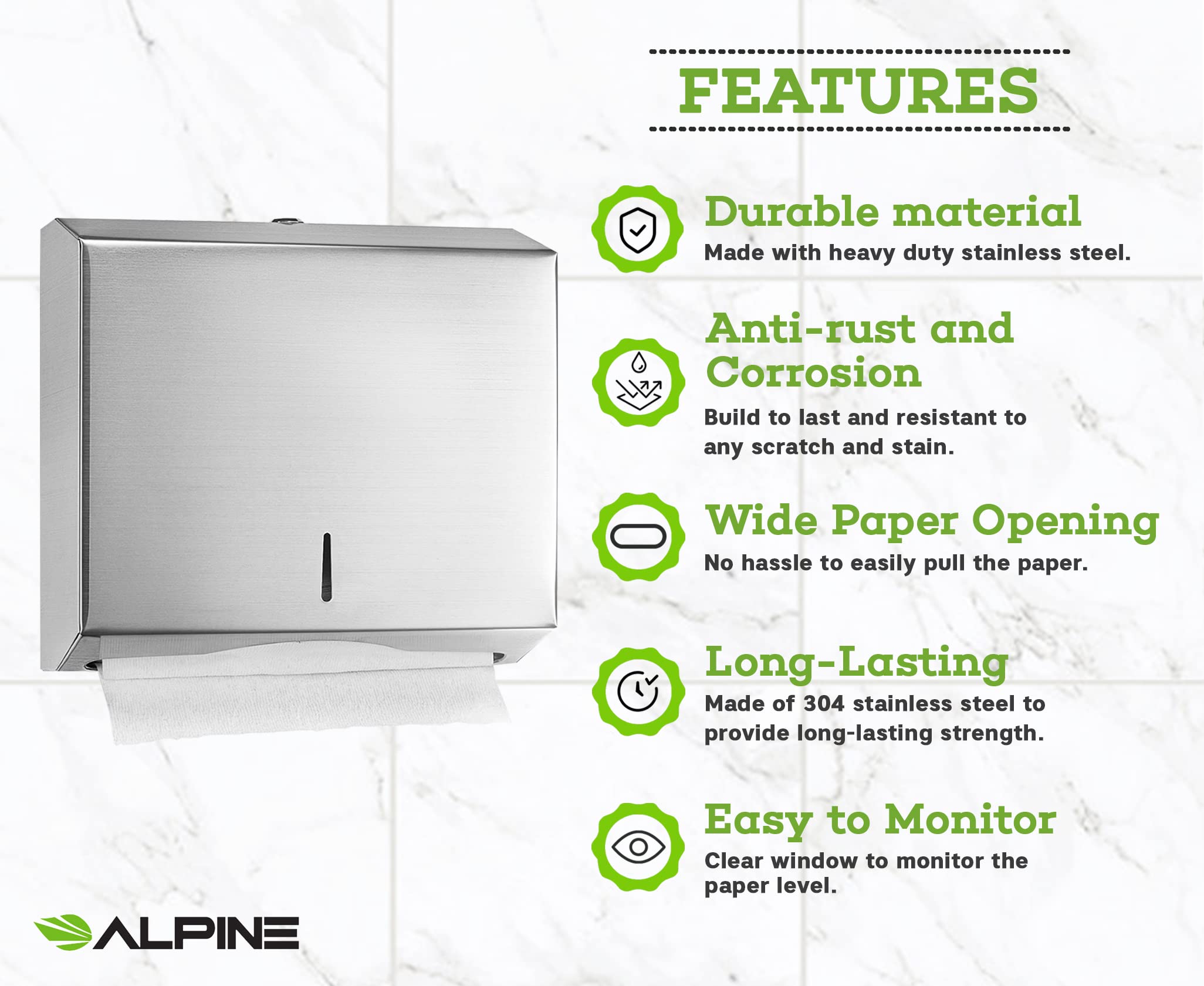 Alpine Industries Vertical Wall Mount Paper Towel Dispenser with 290 C-Fold & 380 Multi-Fold Towels - Commercial & Home Kitchen, Restroom, Office Use
