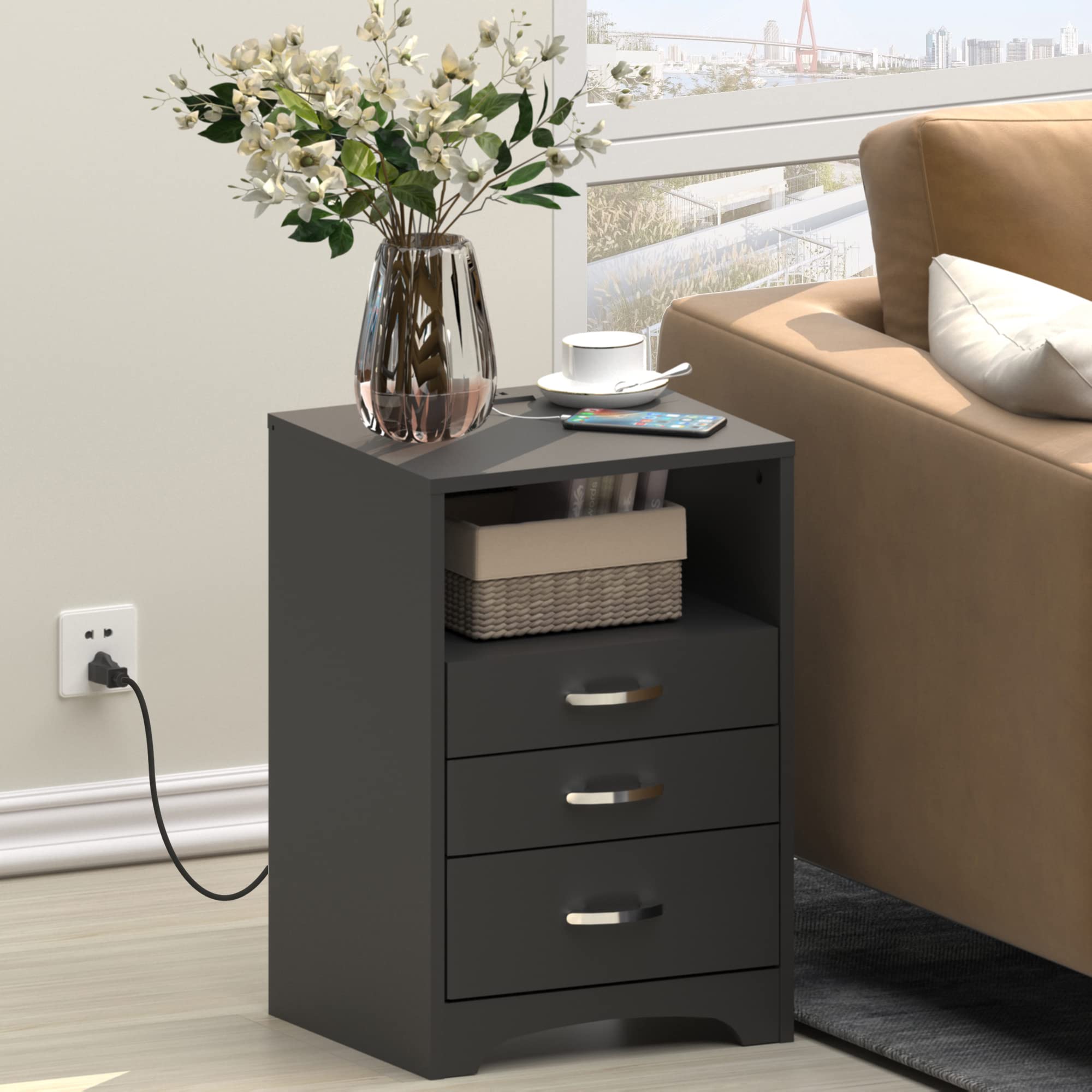 Black Nightstand with 3 Drawers & Charging Station - Bedside Table for Bedroom Storage & Organization