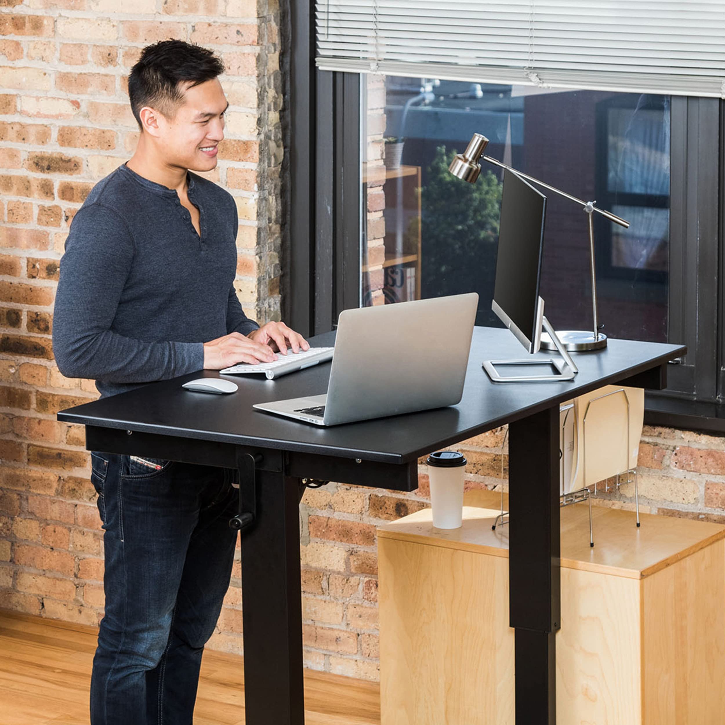 Adjustable Height Rolling Standing Desk with Crank - Black Frame & Matte Black Top (48