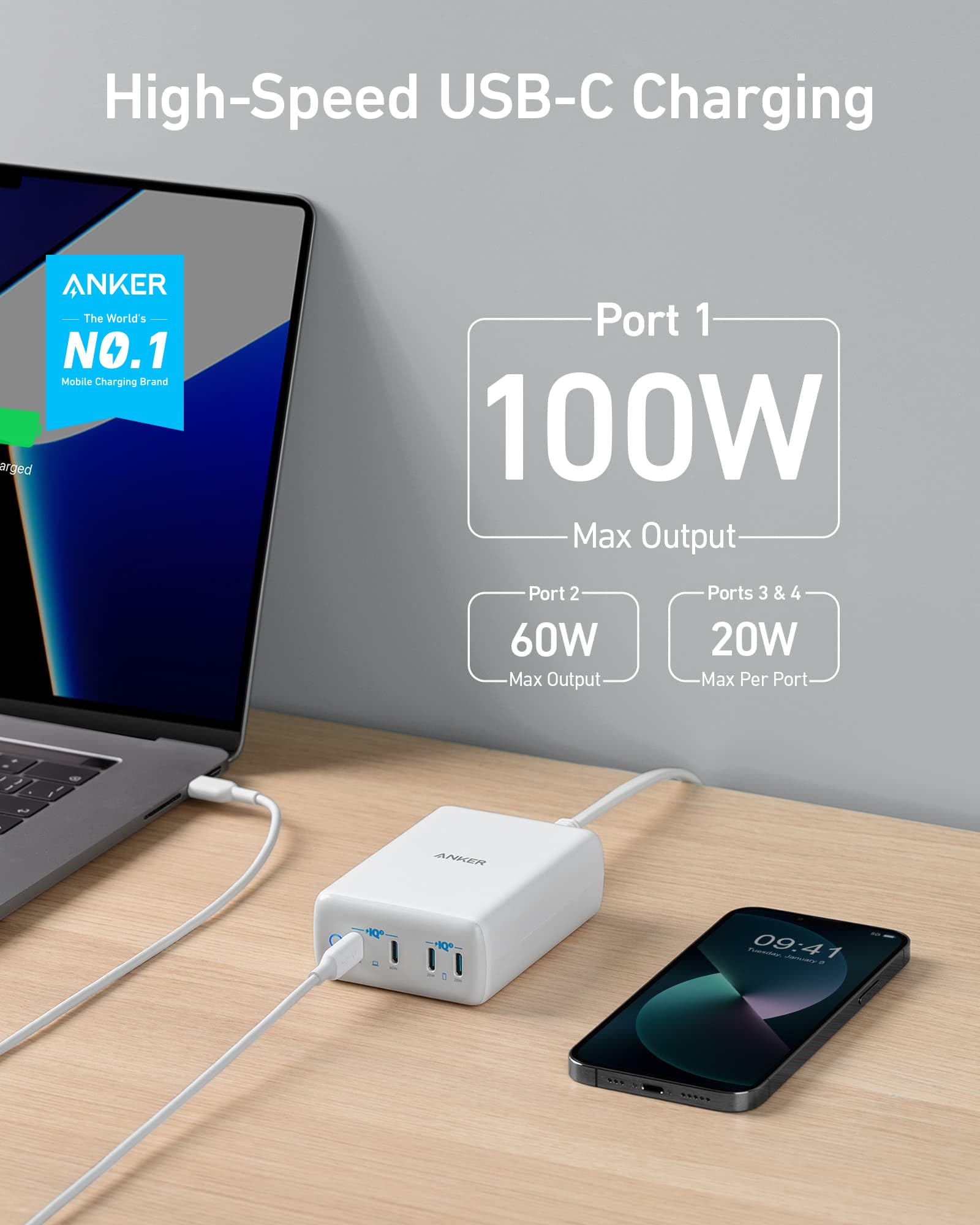 Anker USB C 120W 4-Port Fast Charger - PowerPort III Charging Station for MacBook Pro/Air, iPhone 15/14/13 Series, Galaxy, Pixel, iPad - Compact Desktop Charger for Home, Office & Travel