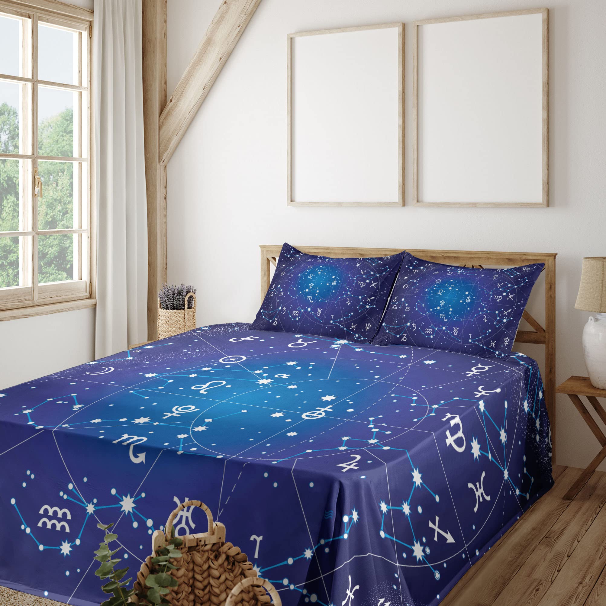 Ambesonne Astrology Sheet Set - King Size 4-Piece Constellation & Zodiac Bedding with Planets & Celestial Coordinates, Dark Blue | Perfect for Astronomy Lovers, Themed Bedrooms & Unique Home Decor