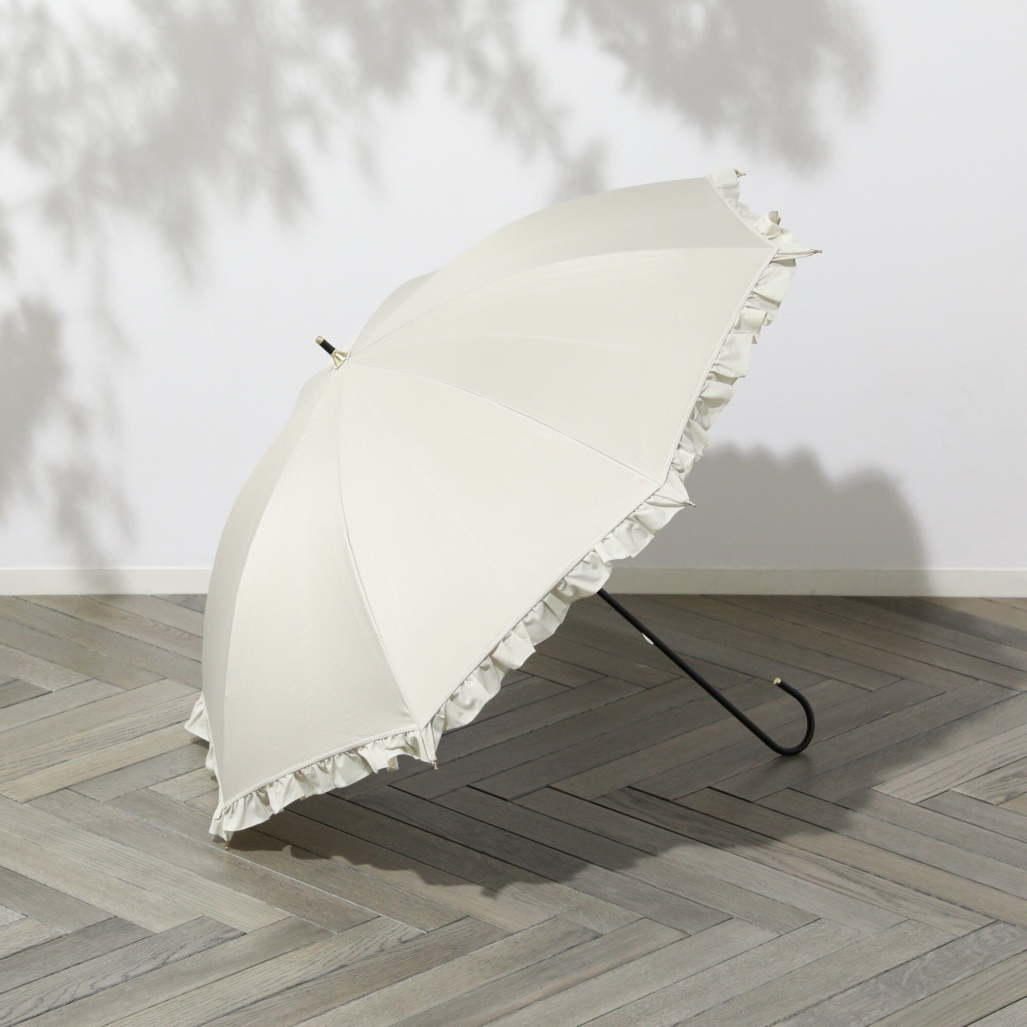 Classic Frill Long Umbrella Beige - Elegant Waterproof Windproof Ladies Parasol for Rainy Days & Outdoor Events