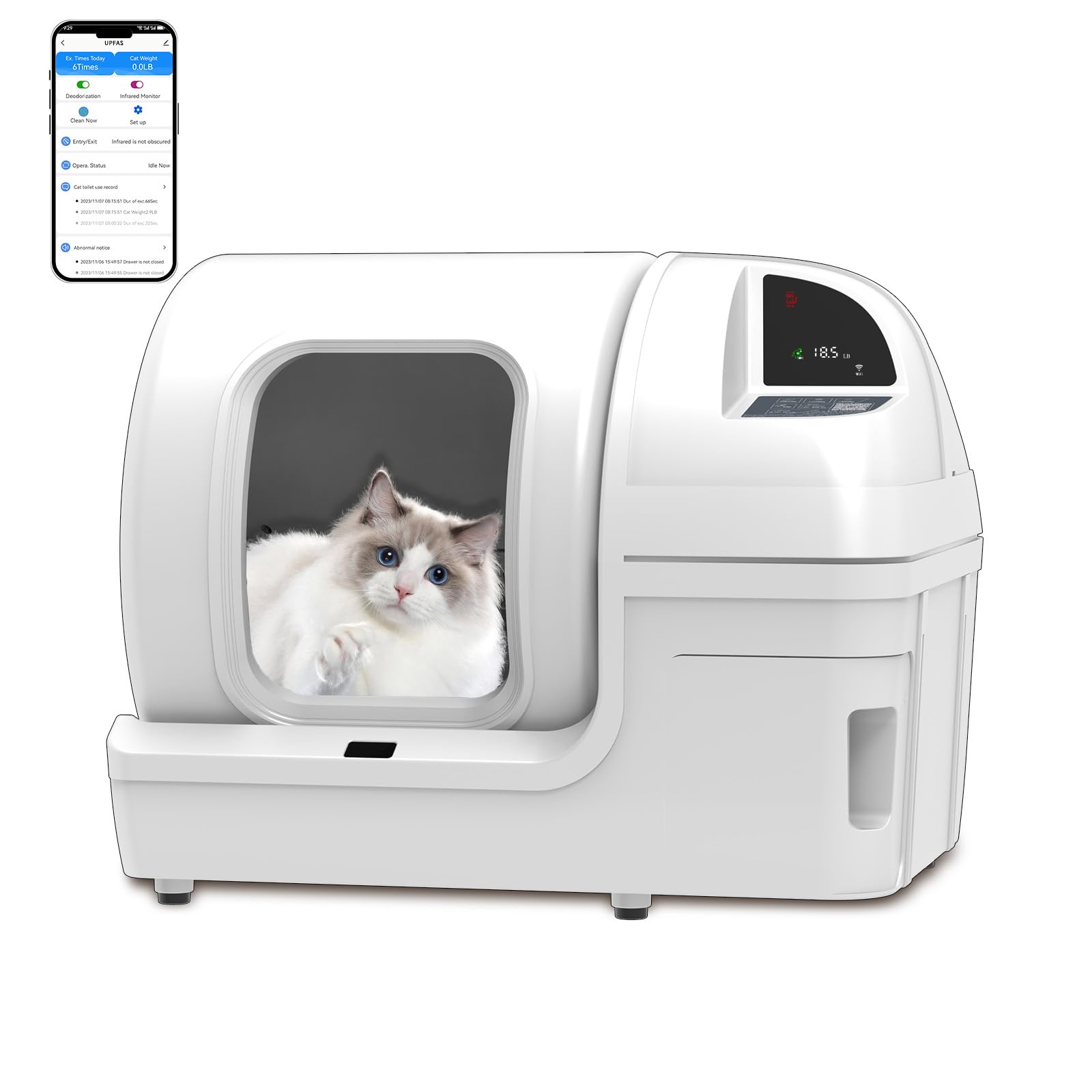 UPFAS 100L Extra Large Automatic Self-Cleaning Cat Litter Box with APP Control, Safe Alert & Smart Health Monitor - Odor-Free Multi-Cat Litter Box (White) - Perfect for Busy Pet Owners & Multi-Cat Households