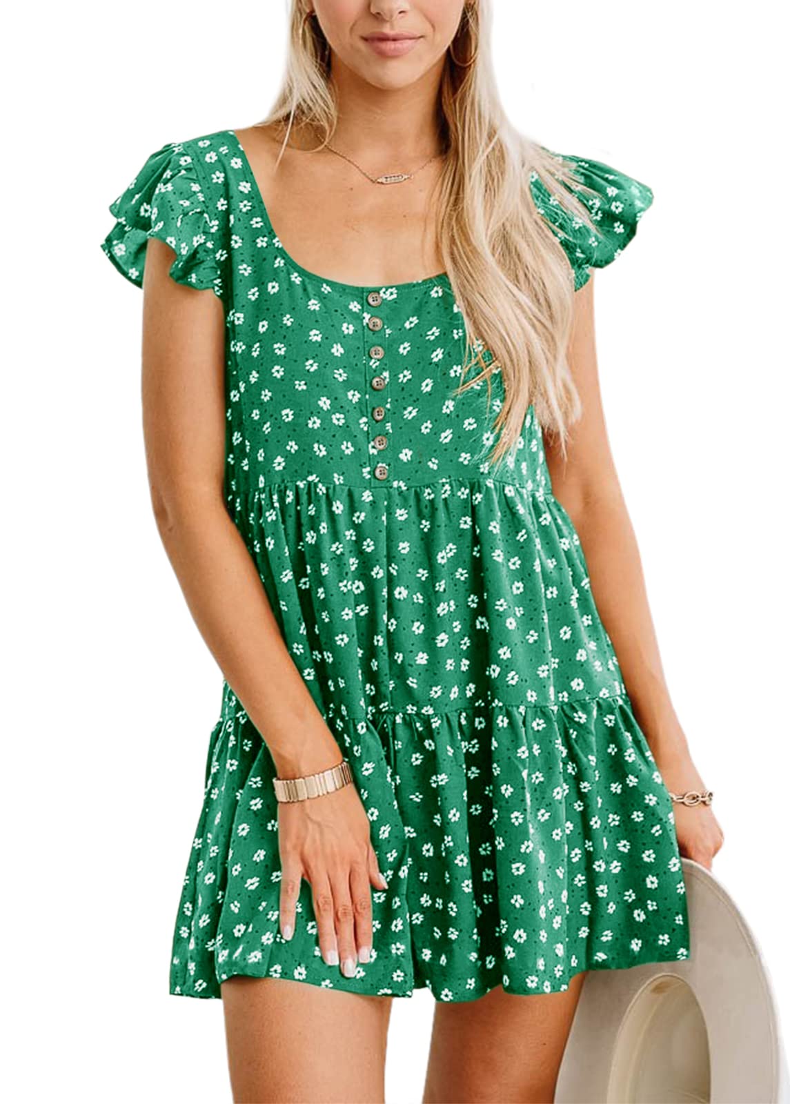 Valphsio Women's Boho Floral Print Wide Leg Flutter Sleeve Smock Romper Jumpsuit - Summer Beach Vacation Outfit for Casual Wear & Outdoor Activities