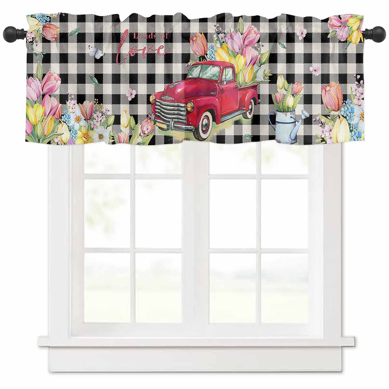 Spring Tulip Floral Rod Pocket Window Valance - Short Curtain Topper for Living Room & Bedroom - Red Truck & Black Plaid Rose Flower Design - Perfect for Cafe, Kitchen & Home Decor