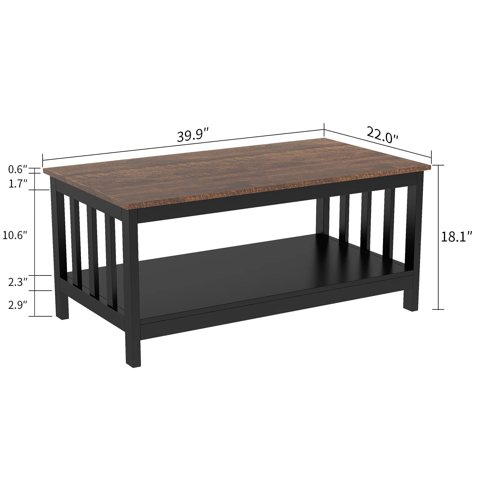 ChooChoo Farmhouse Coffee Table - 40 Inch Rustic Black Wooden Living Room Table with Storage Shelf | Perfect for Small Spaces, Farmhouse Decor & Cozy Living Rooms