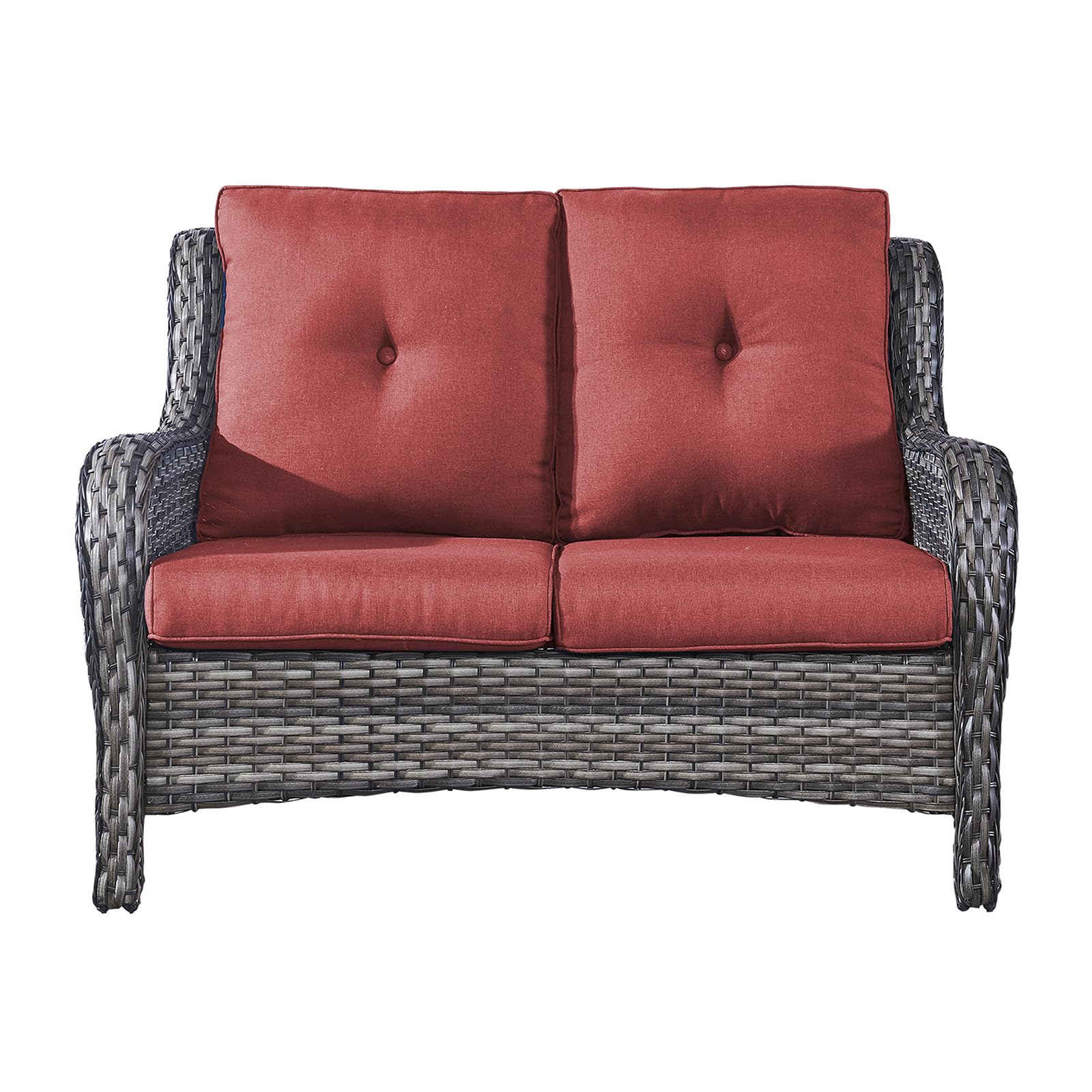 Outdoor Wicker Loveseat Patio Sofa - 2-Seater Rattan Couch with Deep Seating & Comfortable Cushions for Porch, Deck, Balcony (Mixed Grey/Red) | Perfect for Backyard Relaxation, Garden Lounging & Outdoor Entertaining