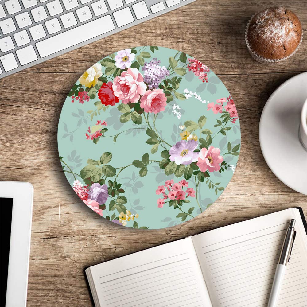Floral Teal Mouse Pad - Non-Slip Rubber Base, Washable Round Mousepad with Lycra Cloth for Office & Laptop - Perfect for Work, Gaming & Home Use