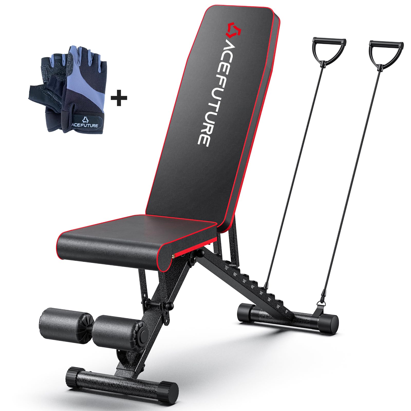 Acefuture Adjustable Weight Bench - Foldable Home Gym Workout Bench for Incline & Decline Press, Strength Training - 600 Lbs Capacity with Free Weight Lifting Gloves & Resistance Bands - Perfect for Home Workouts, Garage Gym & Personal Training