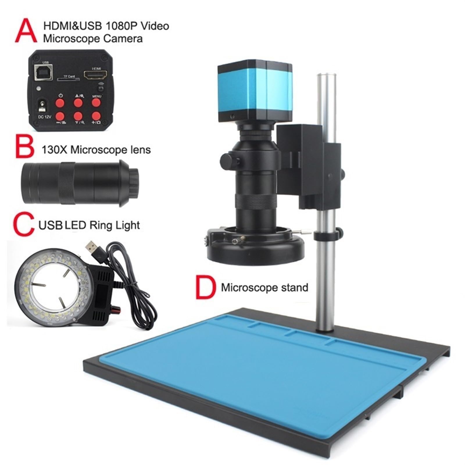 2K HDMI USB Digital Video Monocular Industrial Electronic Microscope Camera with 130X C-Mount Lens Kit - High Magnification for PCB Soldering, Phone Repair & Microelectronics Inspection - Perfect for Electronics Hobbyists, Jewelry Appraisal and Scientific Research