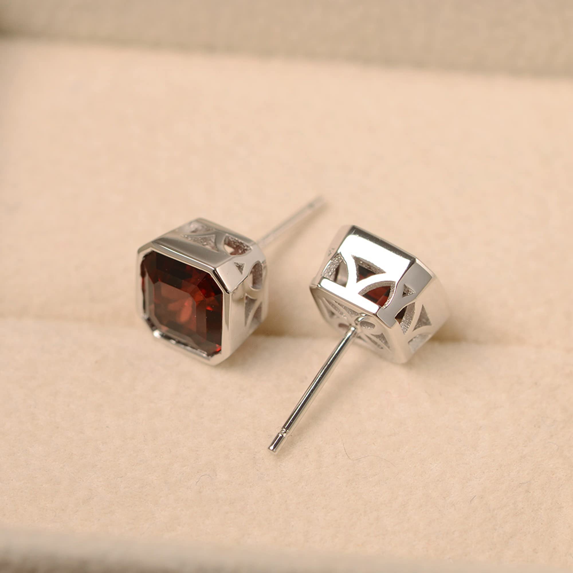 925 Sterling Silver Asscher Cut Garnet Stud Earrings for Women | Elegant Bridal Wedding Jewelry | Perfect for Engagement, Anniversary & Special Occasions