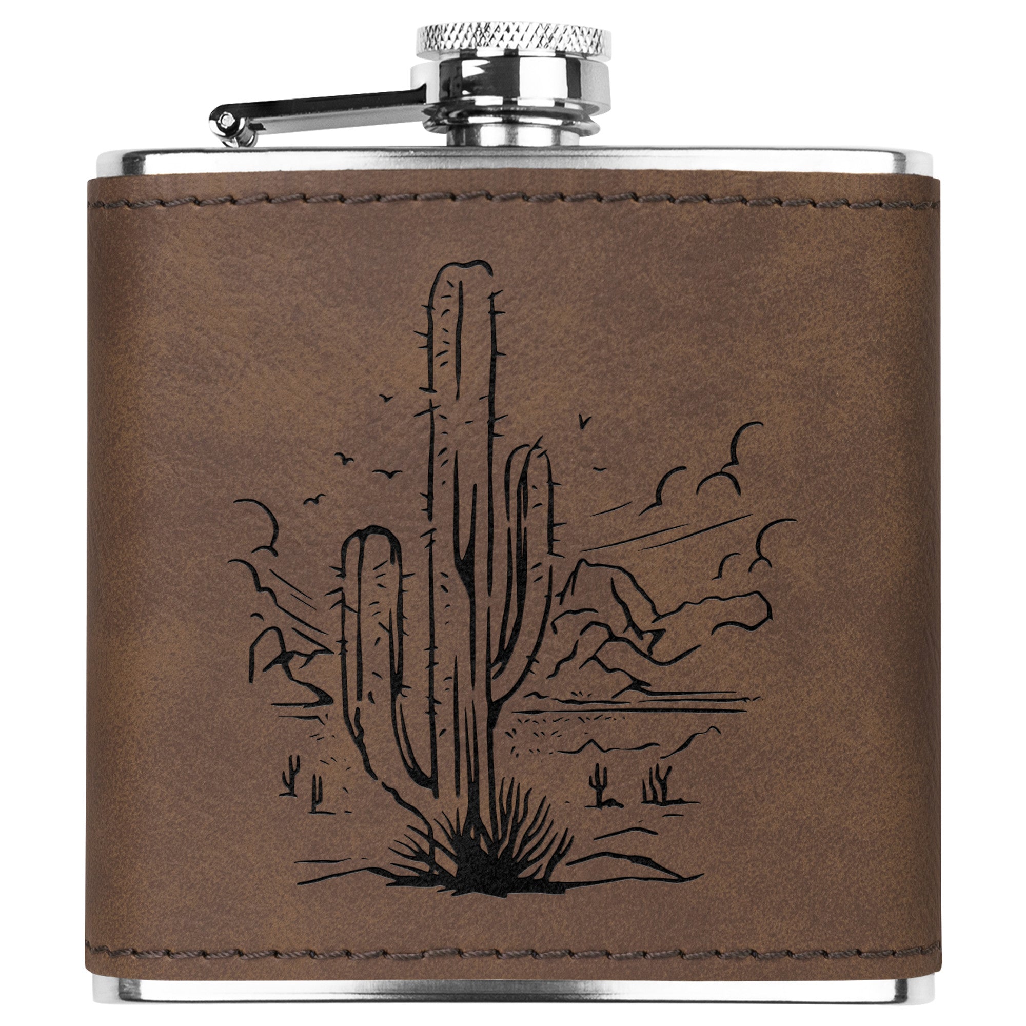 Cactus Design Stainless Steel Leather Flask - Perfect for Outdoor Adventures, Camping & Gifts