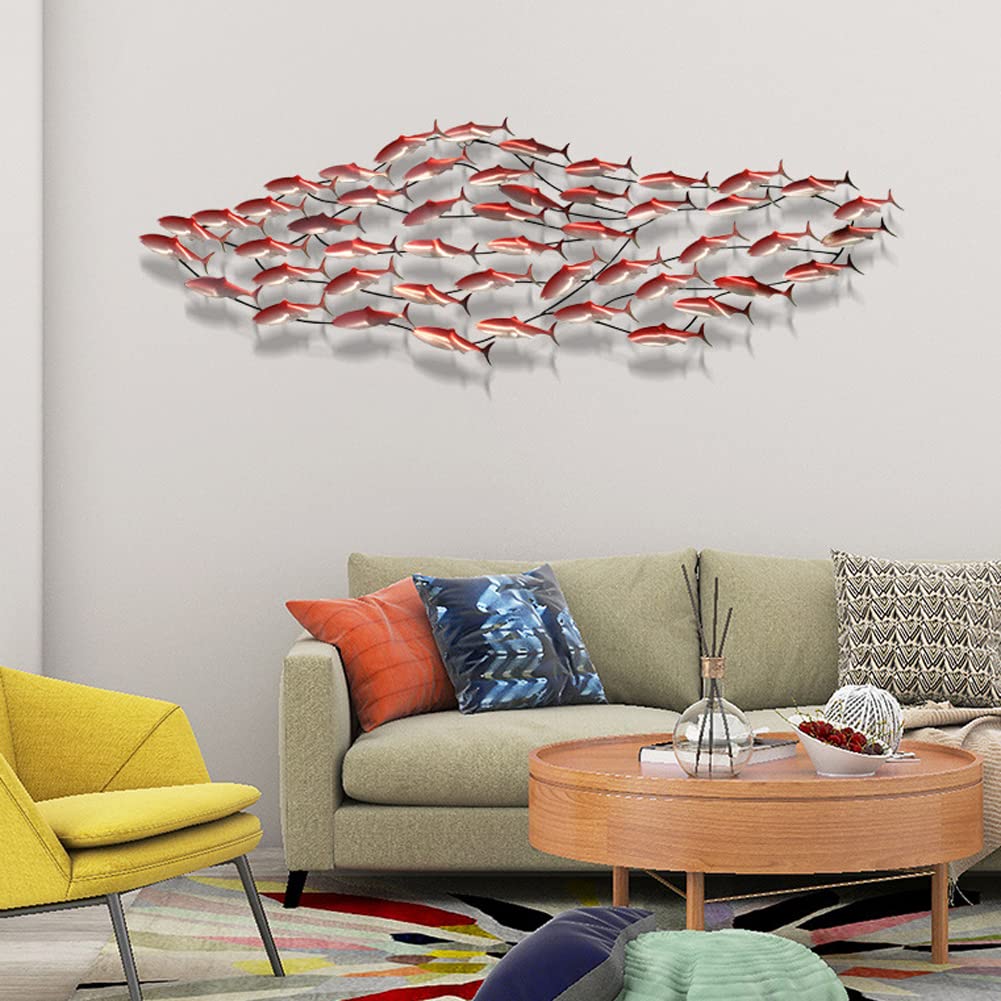 ZZYYZZ Metal Fish Wall Decor - School of Fish 3D Nautical Wall Art, Large Sea Life Sculpture for Home & Office - Red Ocean-Themed Hanging Decoration | Perfect for Living Room, Bedroom, Beach House or Coastal-Themed Interior Design