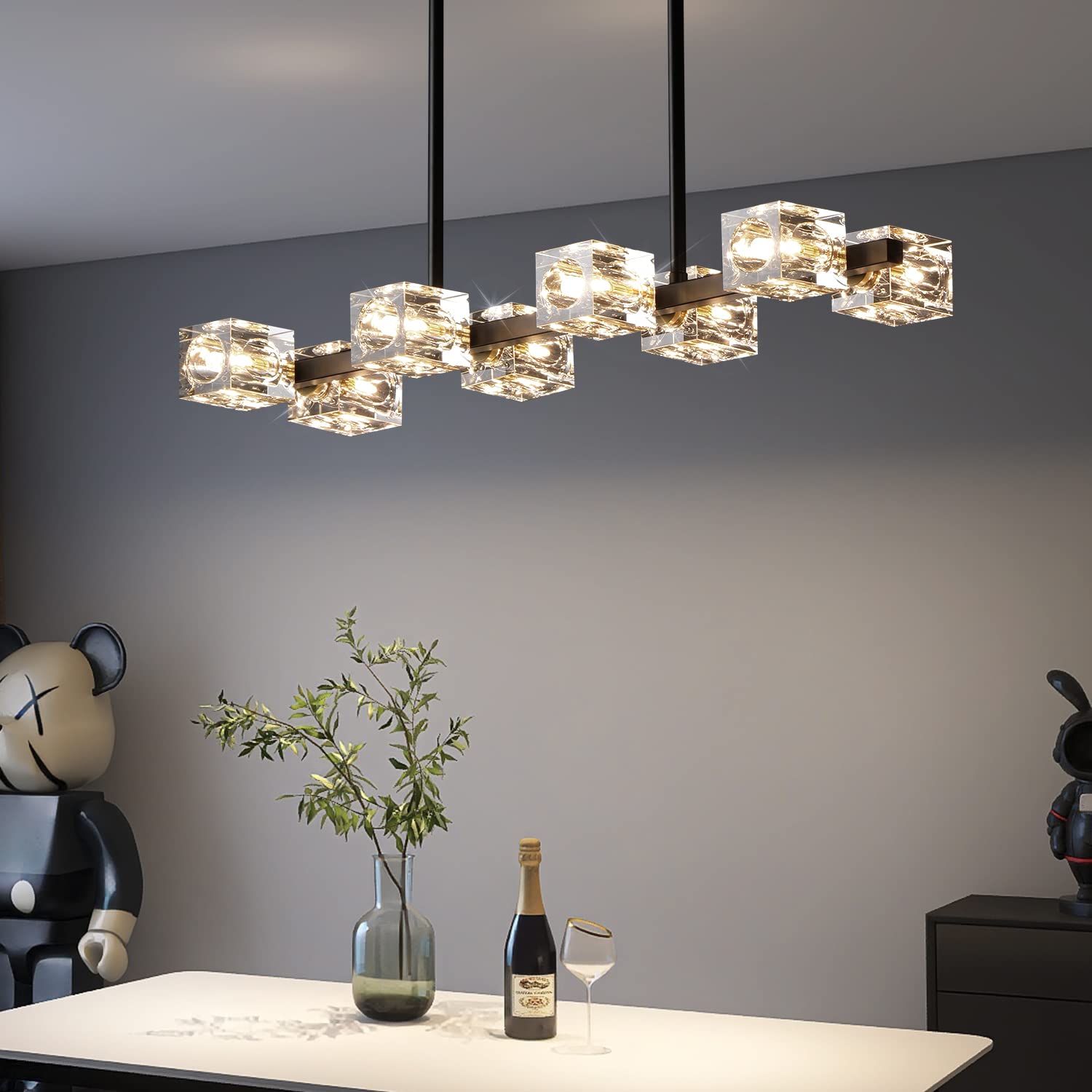 Modern Black Crystal Chandelier with 8 Lights - Cube Pendant Lighting Fixture for Dining Room, Kitchen Island, Bedroom & Living Room | Elegant Ceiling Lamp for Home Decor, Wedding Venues and Restaurants