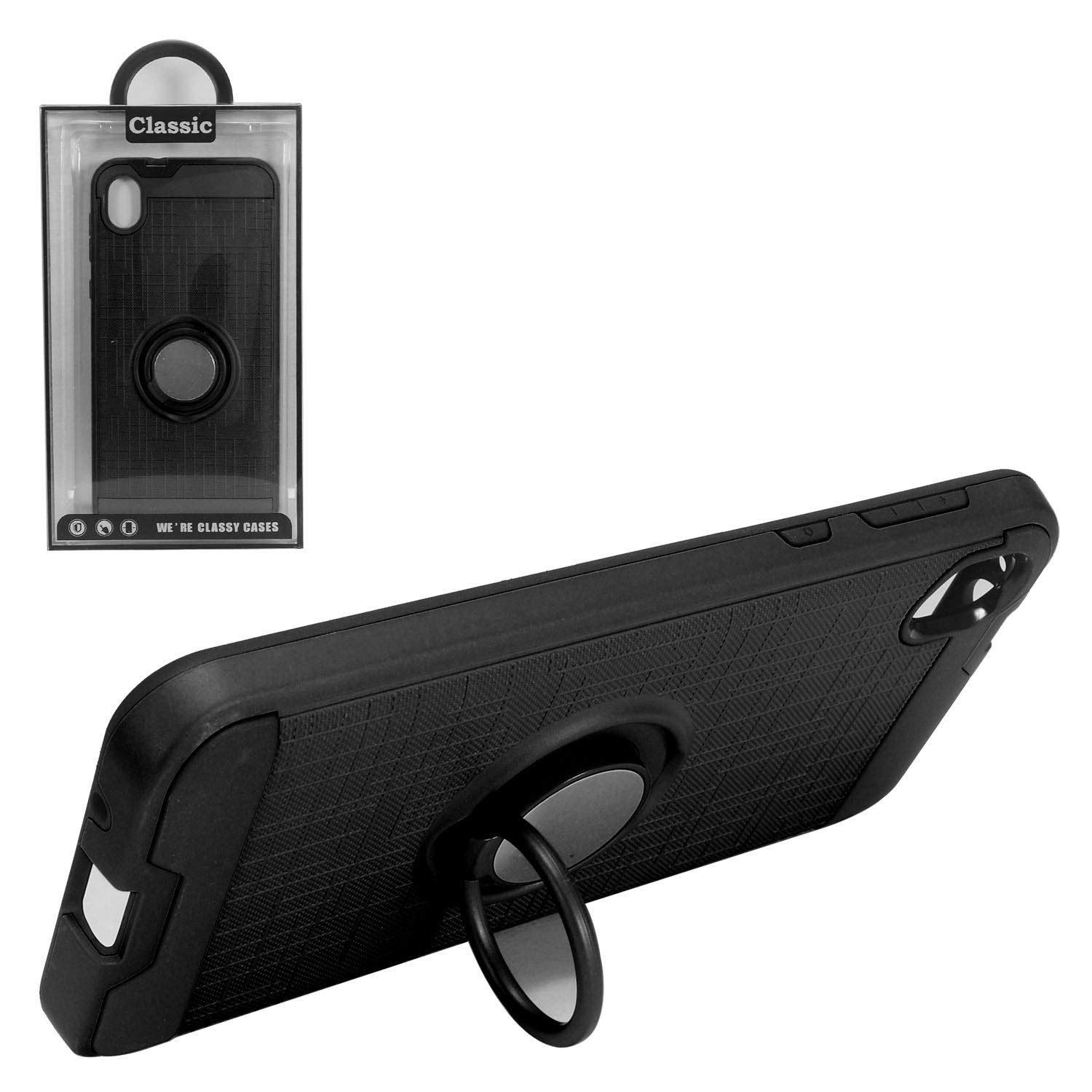 Durable Hybrid Phone Case with Ring Stand for Motorola Moto E6 XT2005 (2019) & 6th Gen - Shockproof Protective Cover - Perfect for Work, Travel & Daily Use (RS2 Black)