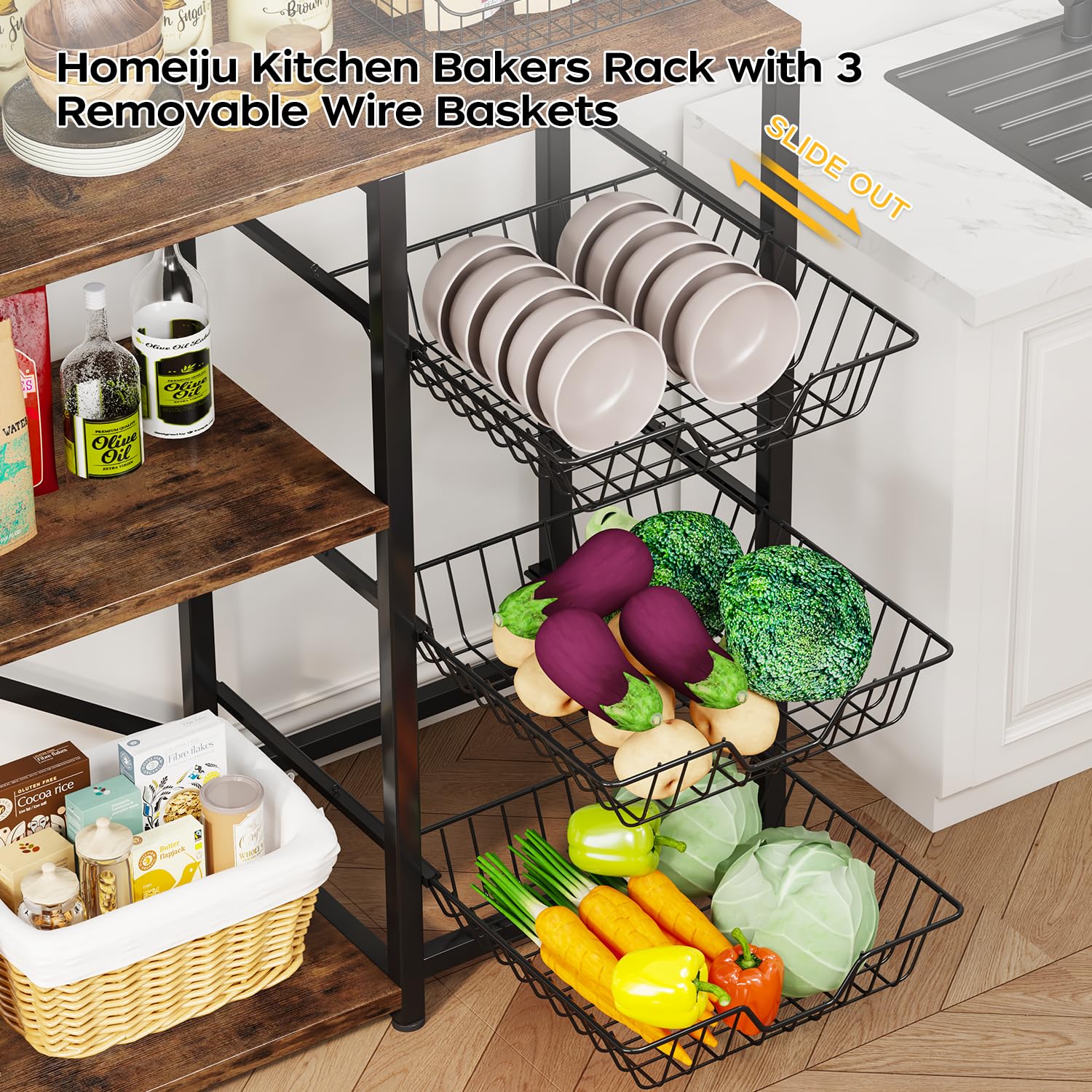 Homeiju Kitchen Island with Power Outlet | Rustic Brown Baker's Rack & Microwave Stand | Coffee Bar Station with 3 Removable Wire Baskets | Kitchen Storage Organizer with 6 S-Hooks for Spices, Pots & Pans | Perfect for Small Kitchens, Apartments & Coffee Stations