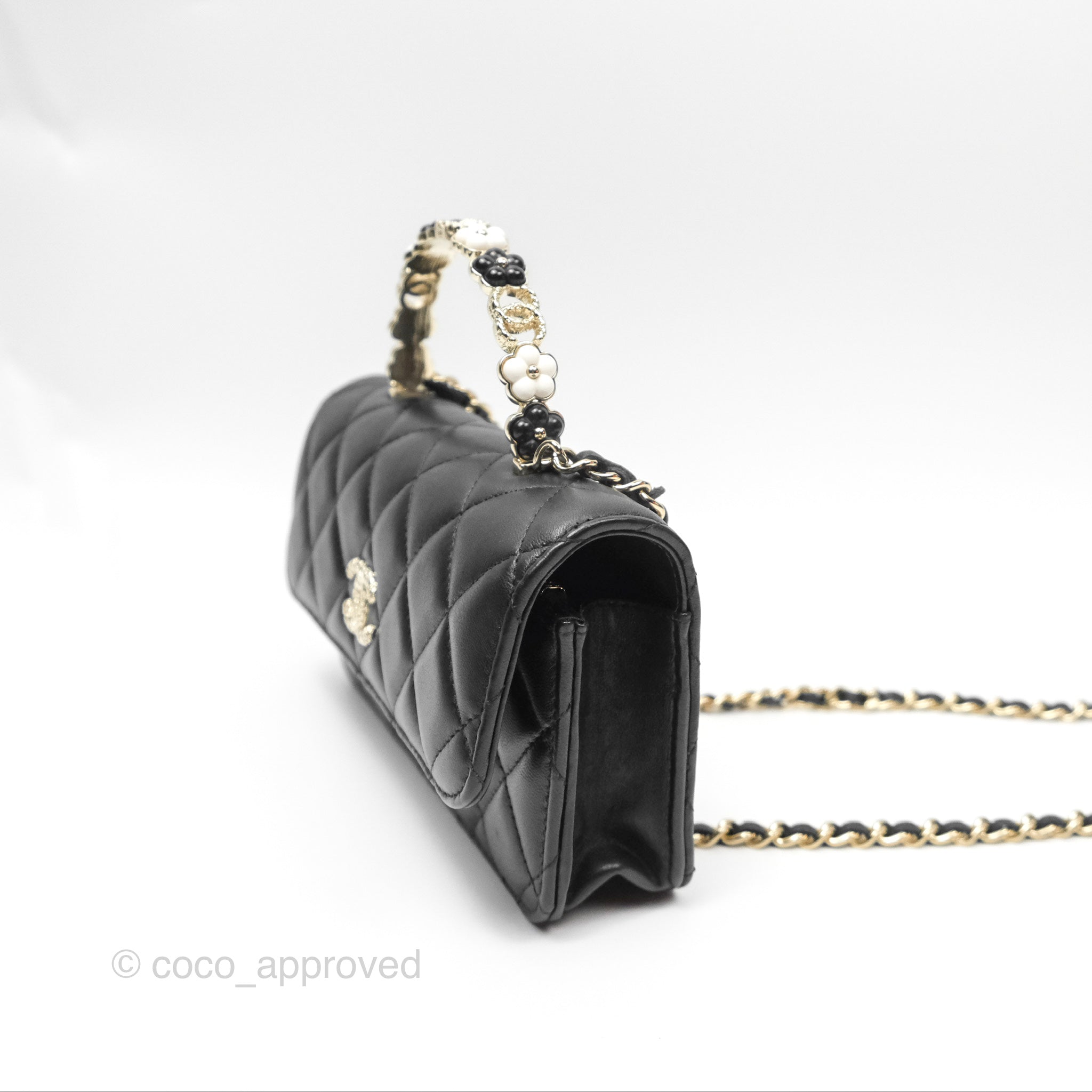 Chanel Camellia Handle Mini WOC Phone Holder Crossbody Bag with Chain - Black Lambskin Leather 23K Gold Hardware | Luxury Evening Out & Date Night Accessory