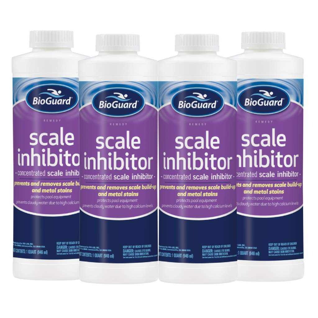 BioGuard Scale Inhibitor 32 oz (Pack of 4) - Concentrated Pool Chemical for Preventing & Removing Scale Build-Up, Eliminates Metal Stains, Protects Pool Equipment - Ideal for Inground & Above Ground Pools, Spas, and Hot Tubs