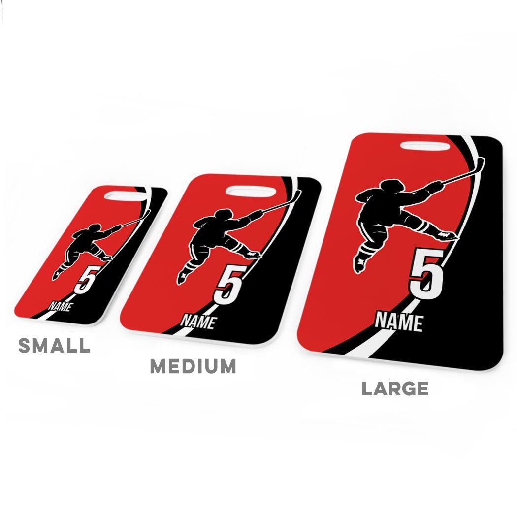 Personalized Hockey Slap Shot Luggage Tag - Small Red & Black Hockey Bag Tag with Standard Lines - Perfect for Hockey Players, Travel & Sports Gear Identification