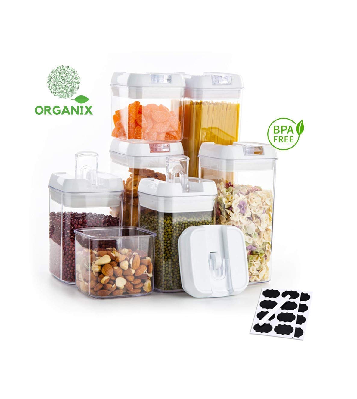 ORGANIX 7-Piece Airtight Food Storage Containers Set with Lids - BPA Free Plastic Kitchen & Pantry Organizers for Flour, Pasta, Cereal & Dry Food - Includes Labels & Marker - Perfect for Meal Prep, Baking & Bulk Food Storage