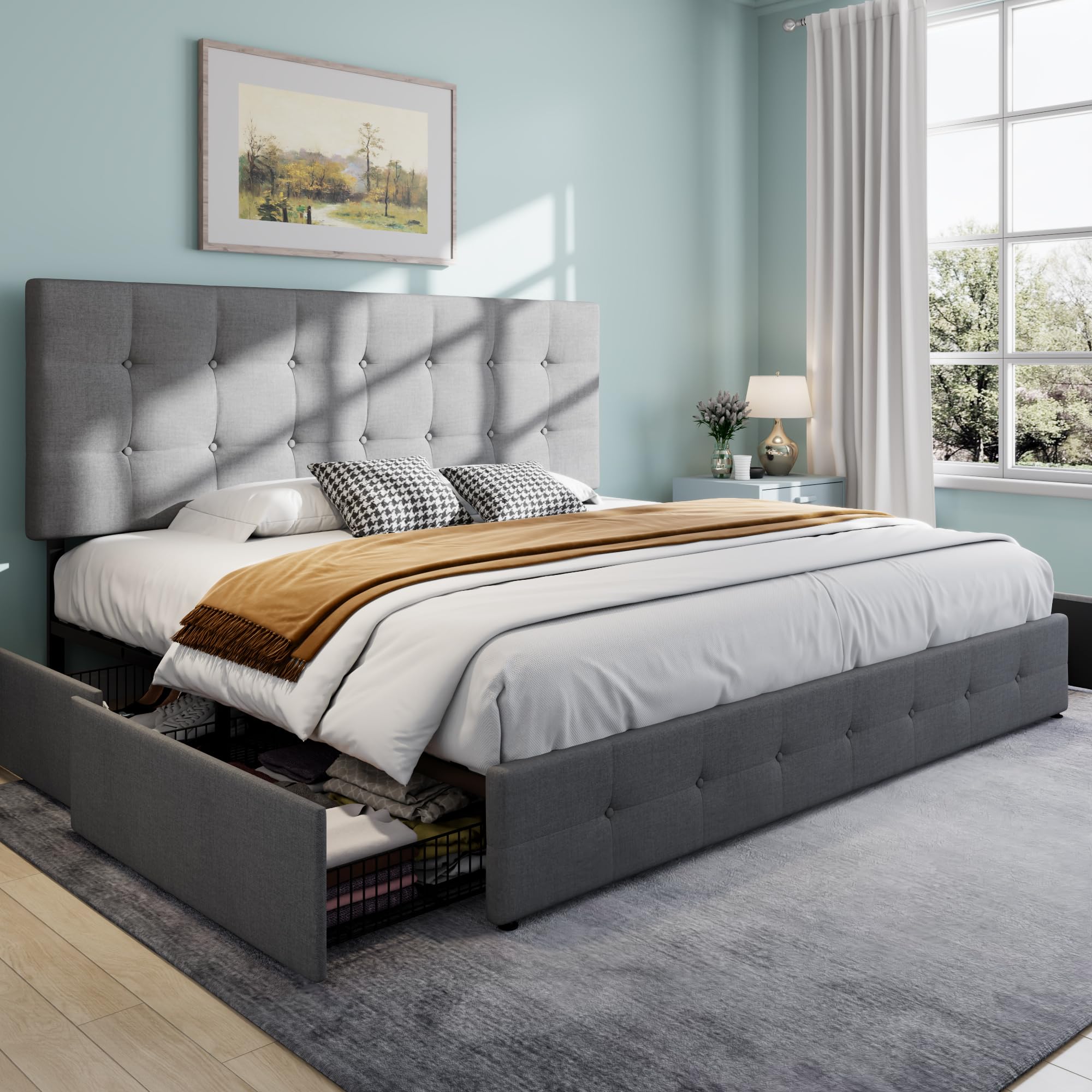 SHA CERLIN Upholstered King Size Platform Bed Frame with 4 Storage Drawers - Adjustable Headboard, Square Stitched Button Tufted Design & Wooden Slat Support - No Box Spring Needed - Light Grey - Perfect for Master Bedroom, Guest Room & Small Space Storage Solutions