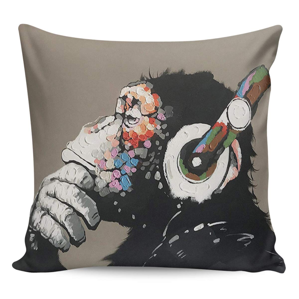 Square Cotton Linen Throw Pillow Cover 18x18 Inch - Cool Ape Listening to Music with Headphones Design - Decorative Cushion Case for Home, Couch, Bed, Sofa, Car, Cafe & Movie Theater - Perfect for Living Room Decor, Bedroom Accent & Office Styling