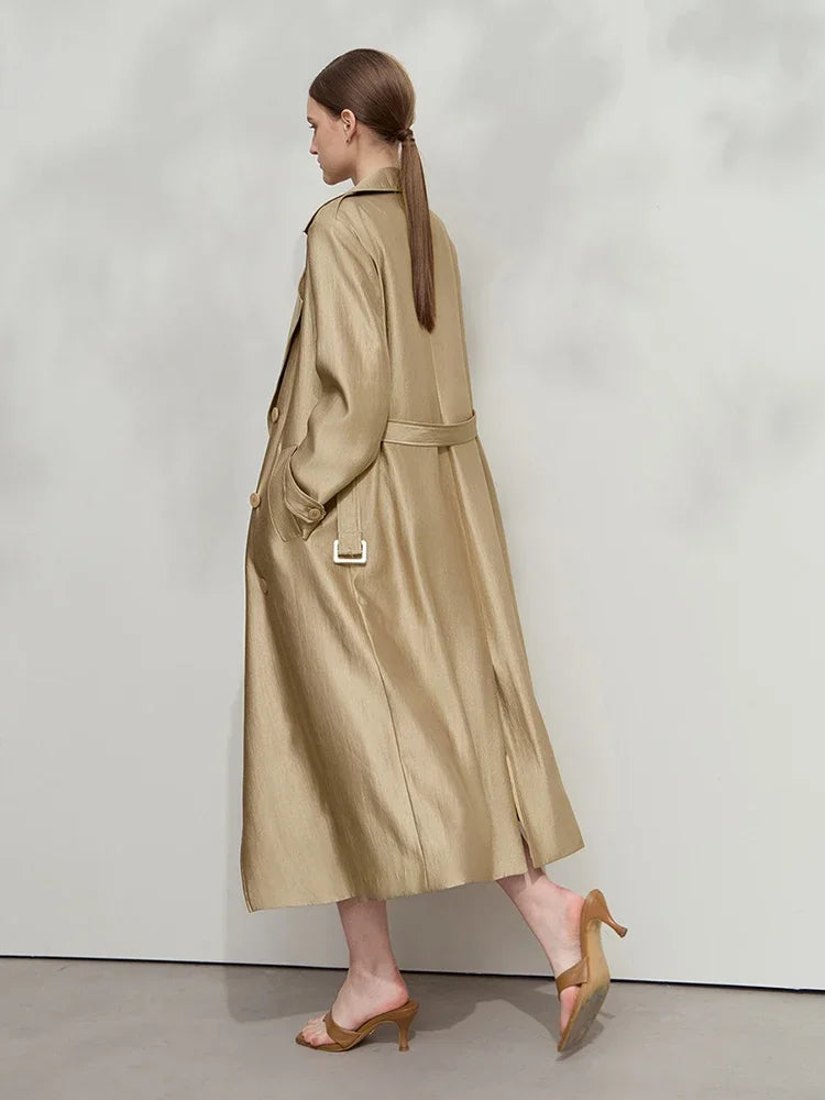 Minimalist Wide Waist Trench Coat for Women - 2025 Spring Summer Fashion Long Double Breasted Overcoat with Turn Down Collar | Office Wear, Business Casual, Spring Outerwear