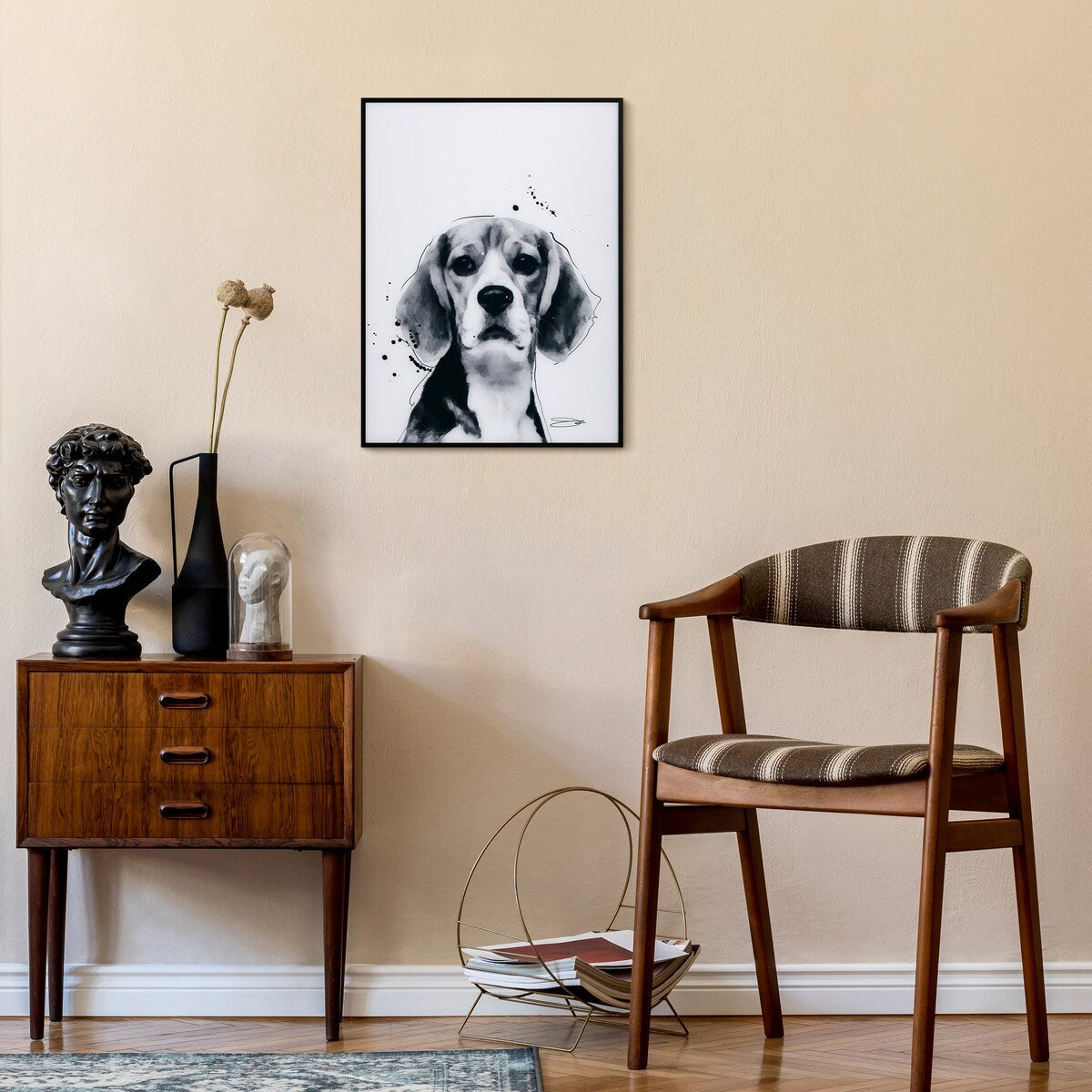 Beagle Black and White Dog Portrait Painting - Printed Glass Art with Black Anodized Frame - Perfect for Pet Lovers Home Decor, Living Room, Bedroom & Office Wall Art