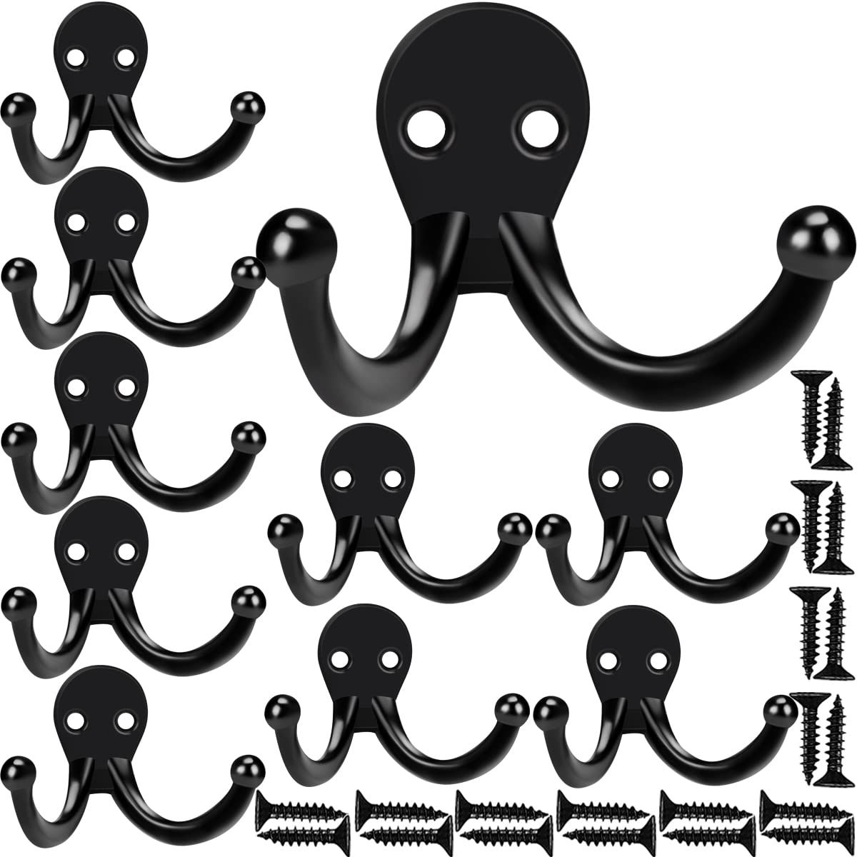 10 Pack Heavy Duty Double Prong Wall Mounted Coat Hooks - Black Indoor/Outdoor Hanging Hooks with 20 Screws - Perfect for Entryway, Closet, Garage & Mudroom Organization
