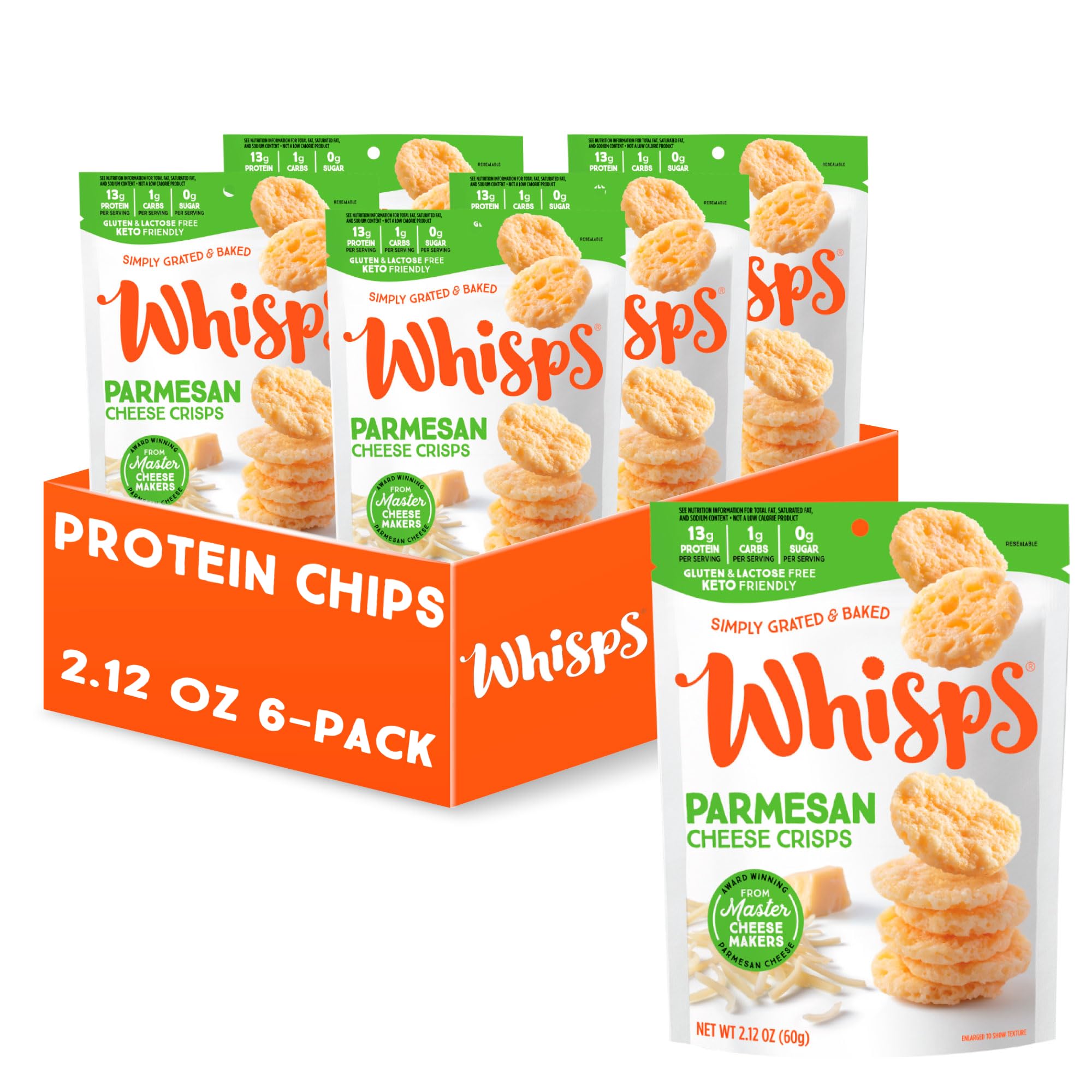 Whisps Parmesan Cheese Crisps - High Protein, Low Carb, Gluten Free Keto Snacks (6 Pack, 2.12 Oz Each) | Perfect for On-the-Go Healthy Snacking, Office Lunch, and Keto Diet