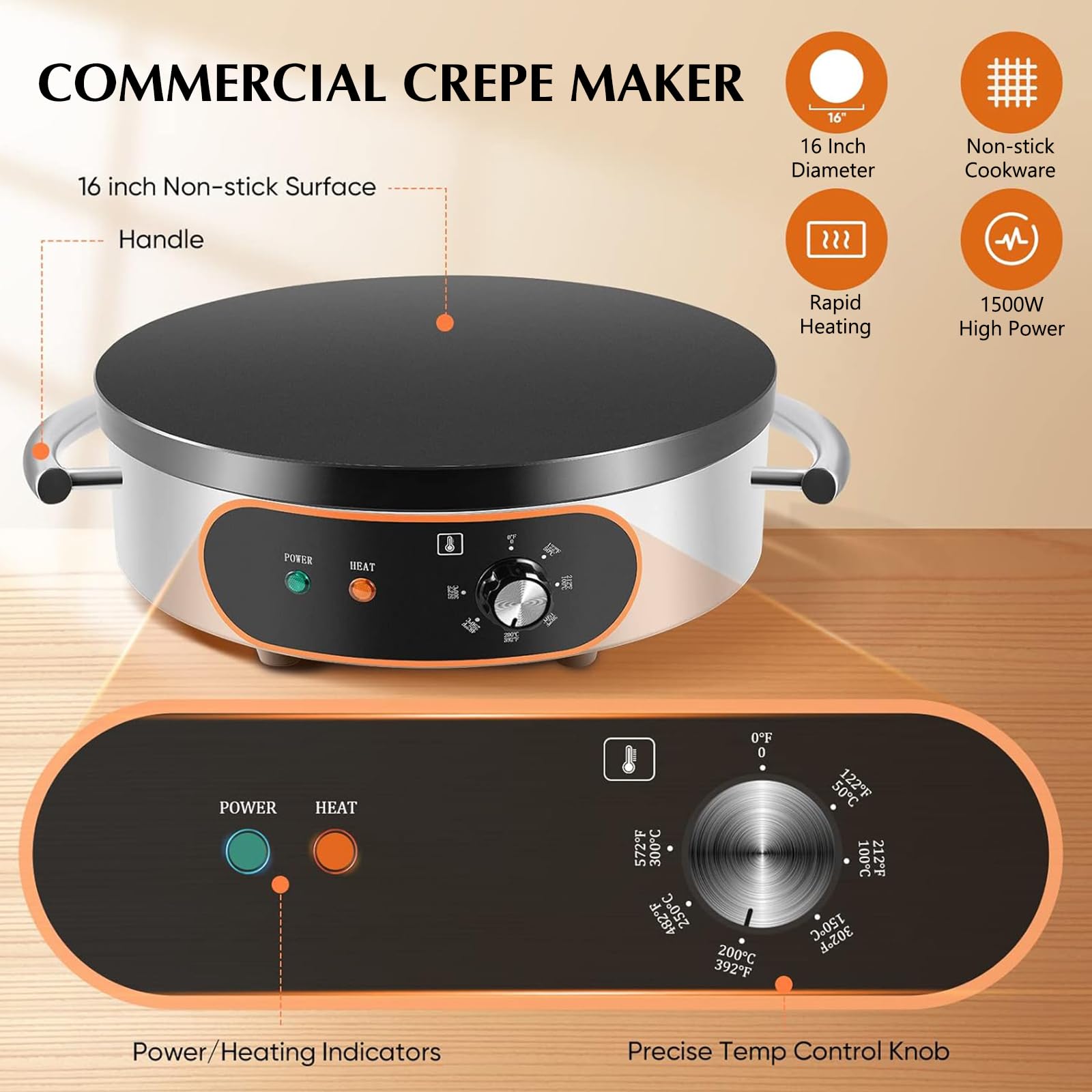 Commercial Crepe Maker Machine - 16 Inch Non-Stick Electric Crepe Griddle with Adjustable Temperature Control, 1500W Power & Thickened Cast Iron Cooking Plate - Perfect for Pancakes, Crepes, Tortillas in Restaurants, Cafes and Home Breakfast Cooking