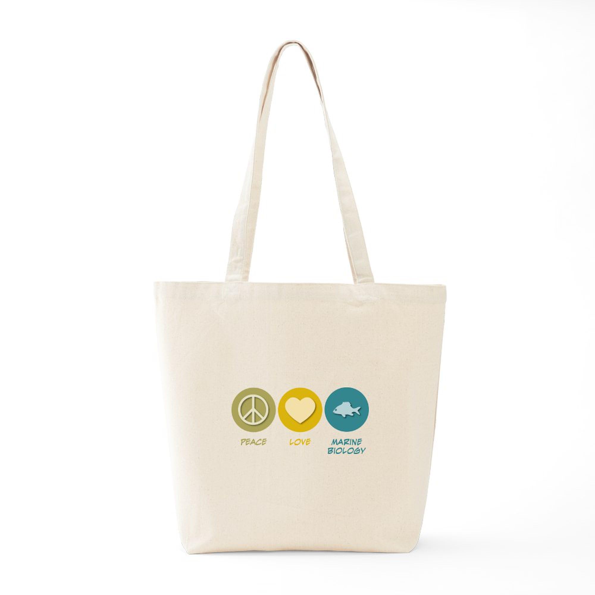 Eco-Friendly Peace Love Marine Biology Canvas Tote Bag - Reusable Natural Shopping Bag for Groceries, Beach & School | Sustainable Gift for Ocean Lovers